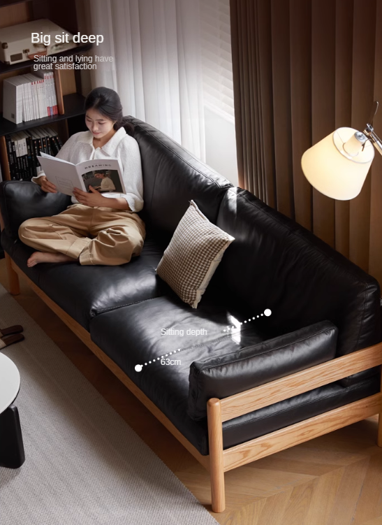 Premium Oak Solid Wood Modern Leather Sofa - Luxury Comfort for Living Room, Office & Lounge Areas