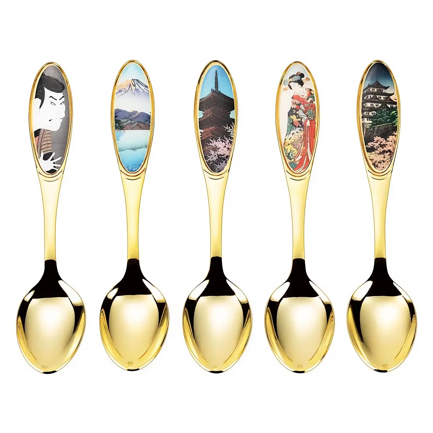 Asahi Premium Stainless Steel Ukiyoe Tea Spoon Set - 5 Piece Japanese Style Tea Accessories for Matcha, Coffee & Desserts - Elegant Tea Ceremony & Home Decor Gift