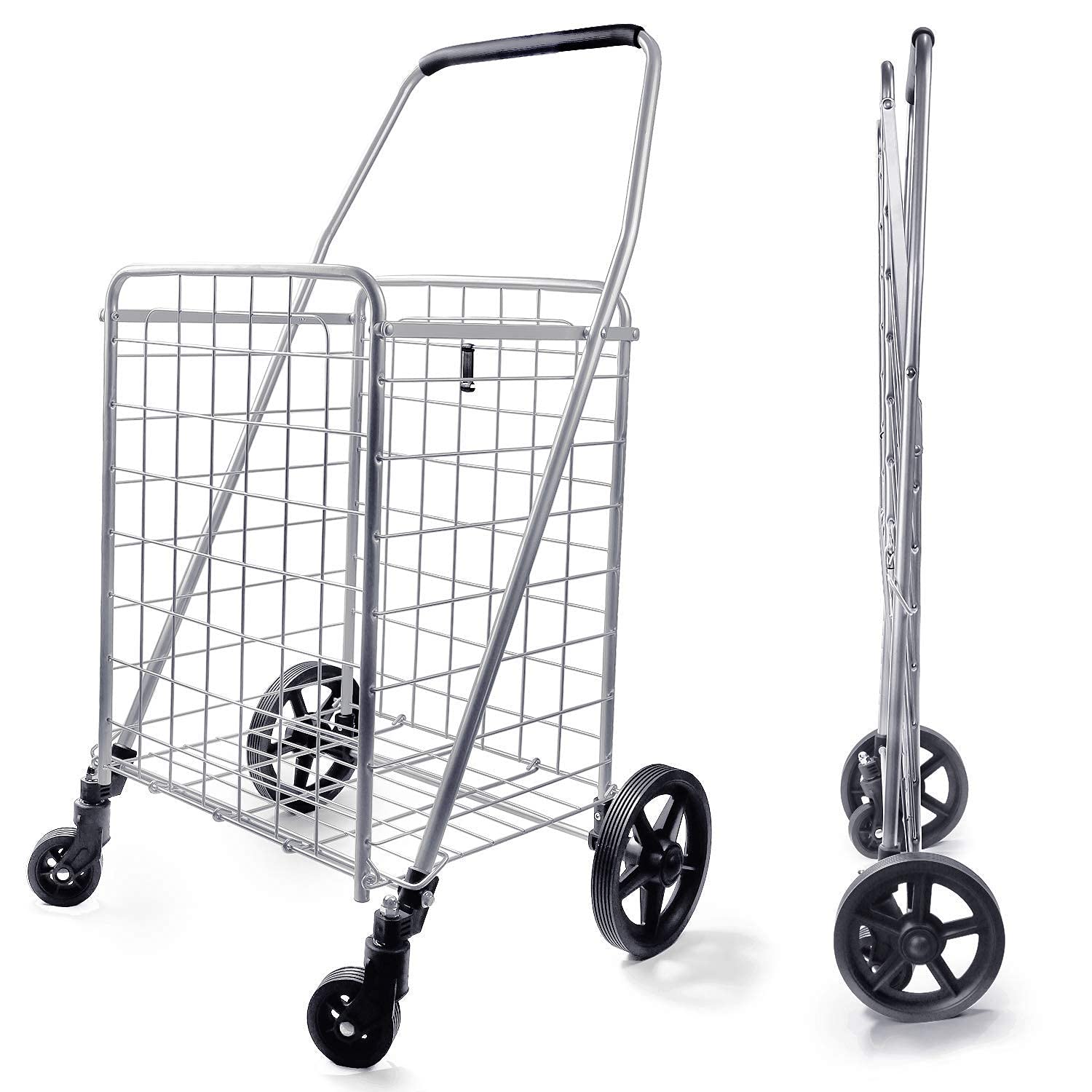 Wellmax Heavy Duty Shopping Cart with 360° Swivel Wheels & Double Basket - Foldable Grocery Cart for Supermarket, Farmers Market, and Home Use