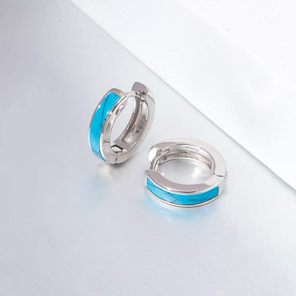 Sterling Silver Plated Small Hoop Earrings for Women & Men - Hypoallergenic Huggie Earrings with Turquoise Gemstone | Perfect for Sensitive Ears, Everyday Wear & Gift Giving