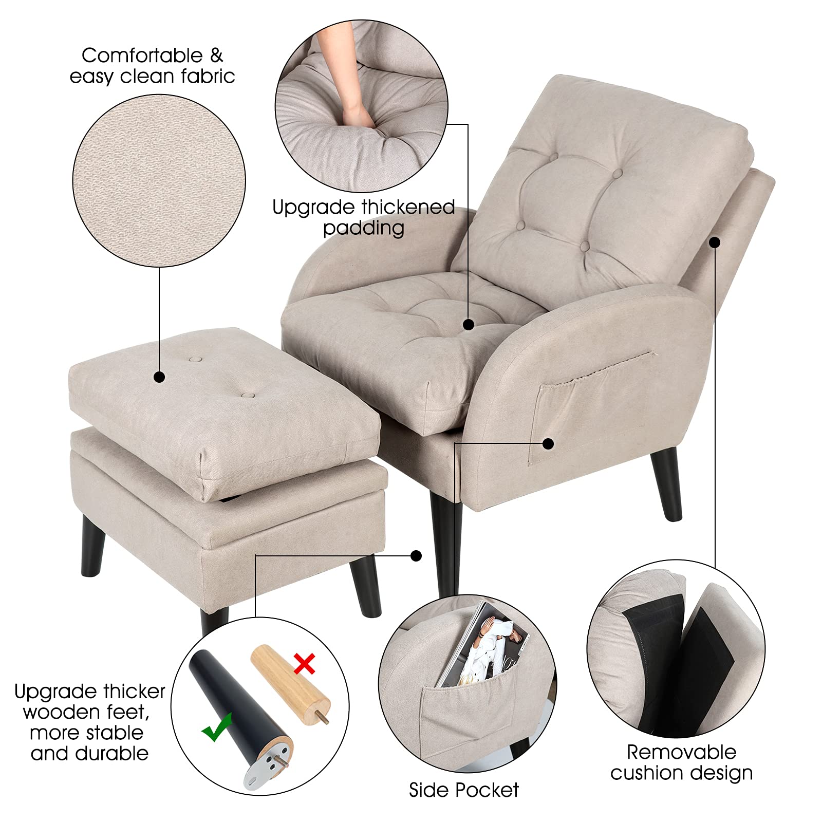 ELUCHANG Accent Chairs with Ottoman - Adjustable Backrest & Storage Footrest, Upholstered Comfy Armchair for Living Room, Bedroom - Light Grey Linen Fabric | Perfect for Reading, Relaxing & Leisure Time