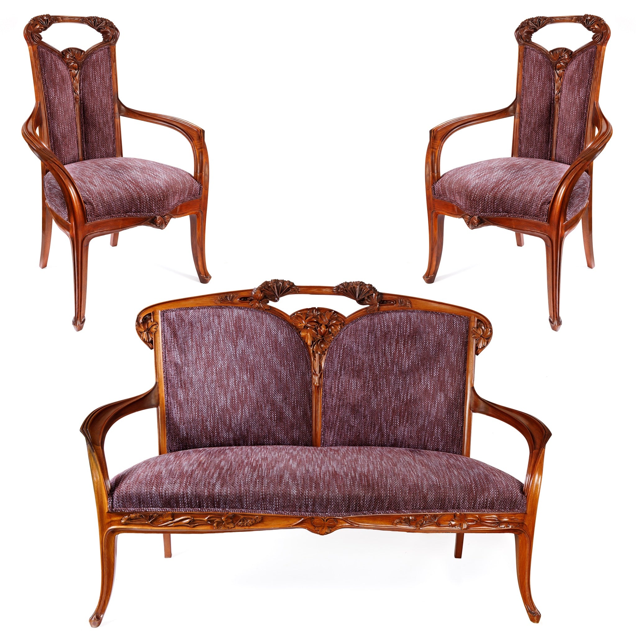 Louis Majorelle Ombellifères Settee and Side Chairs - Art Nouveau Living Room Furniture Set for Elegant Home Decor