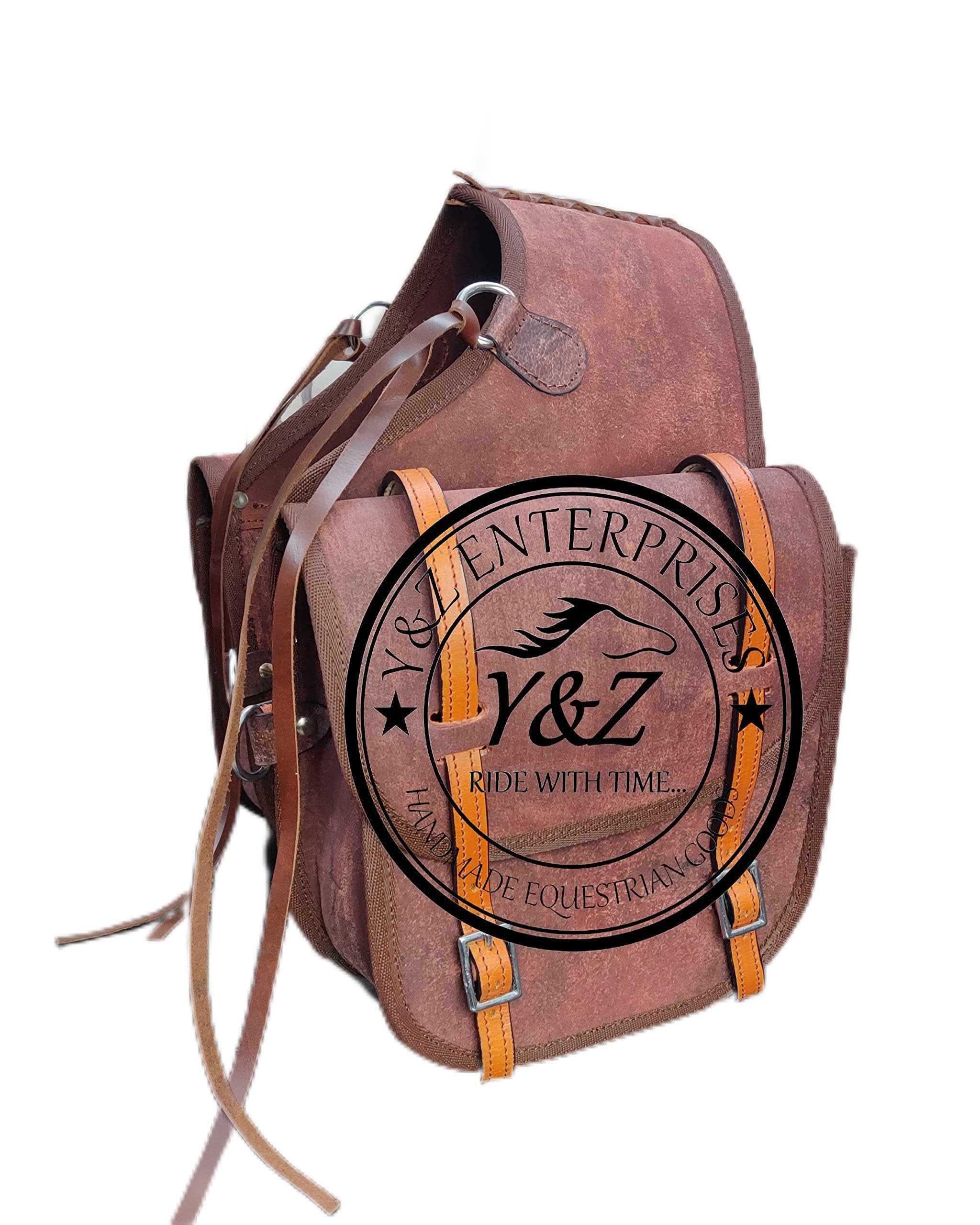 Y&Z Classic Western Leather Saddle Bag - Antique Rough Out Finish | Premium Imported Horse Saddle with Stainless Steel Hardware | Stylish Equestrian Accessory for Horse Riding, Trail Rides & Cowboy Events | Durable Leather Saddlebag for Western Riding, Rodeo & Ranch Work