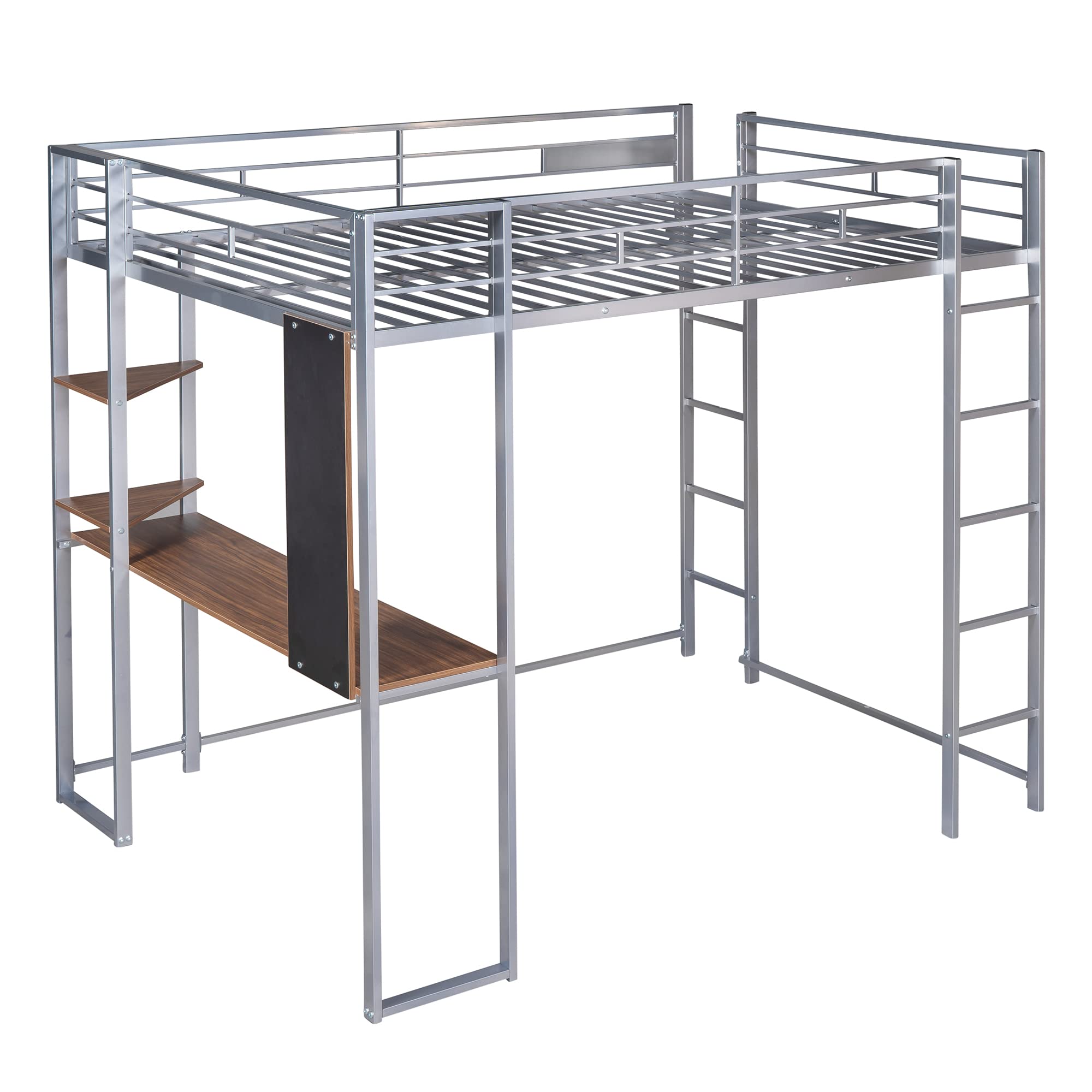 Harper & Bright Designs Full Size Loft Bed with Study Desk & Shelves - Heavy Duty Metal Frame for Kids & Teens - No Box Spring Needed - Silver - Perfect for Small Bedrooms, Dorm Rooms & Space-Saving Kids' Rooms
