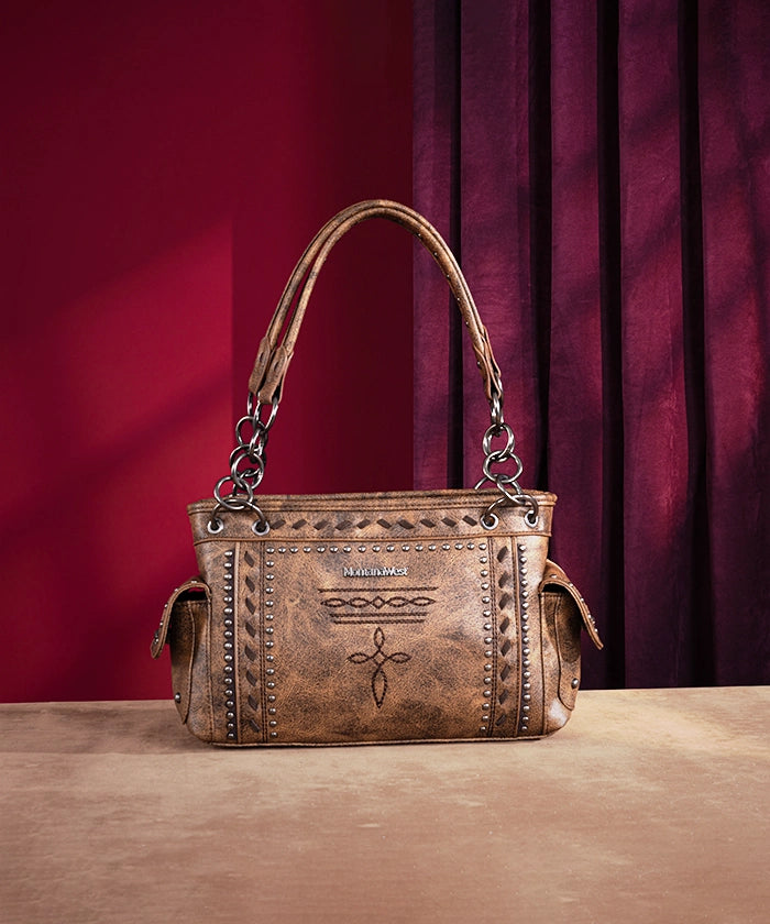 Montana West Whipstitch Studs Concealed Carry Satchel Purse - Stylish Women's Leather Crossbody Bag for Everyday Use, Travel & Work