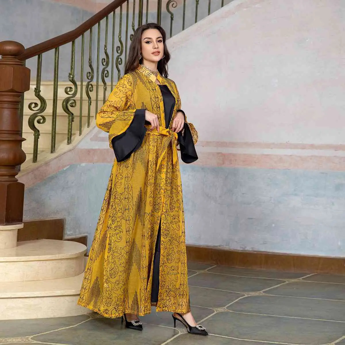 2 Piece Women's Ruffle Sleeve Open Abaya Kaftan Dress Set with Inner Sleeveless Dress - Elegant Muslim Fashion for Prayer, Homewear, and Special Occasions