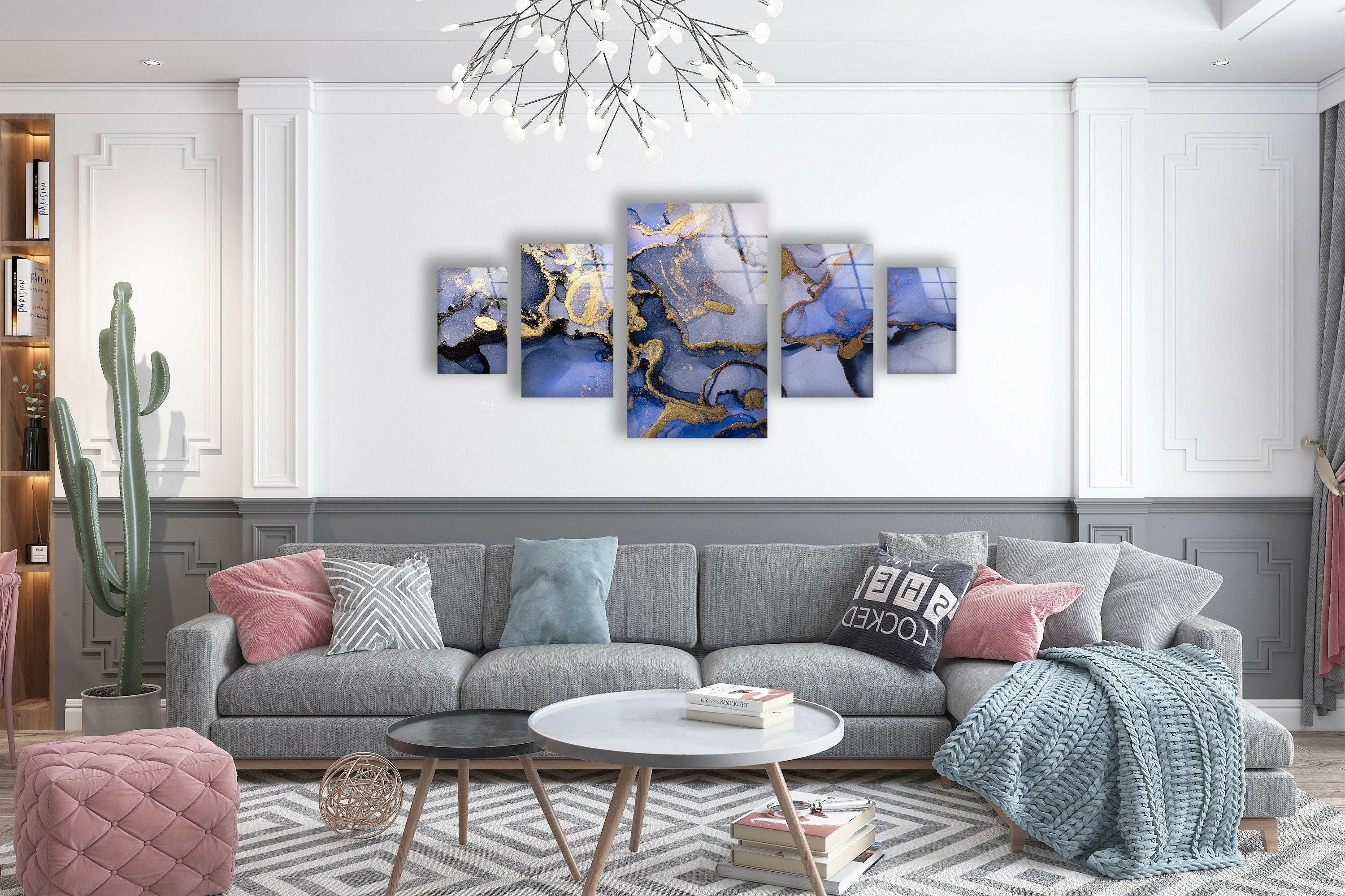 Blue & Gold Abstract Glass Wall Art - Modern Handmade Decor for Living Room, Bedroom & Office - Unique Home & Interior Design Gift Idea