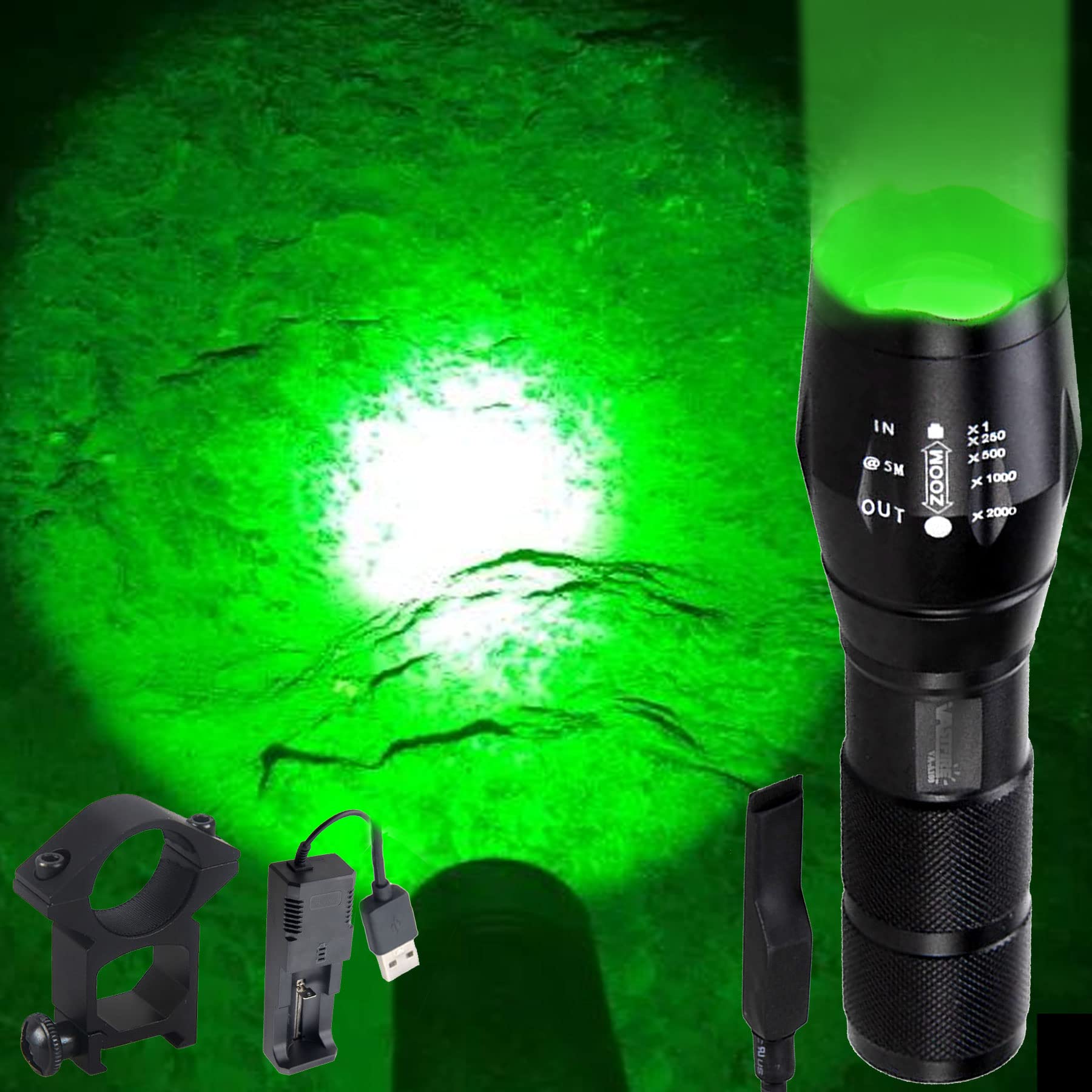 VASTFIRE 350 Yard Green Hunting Light - Zoomable Flashlight for Hog & Predator Hunting with Pressure Switch, Picatinny Rail Mount & 1-30mm Scope Mount - Perfect for Night Hunting, Tactical Missions & Outdoor Adventures (Includes Carrying Case)