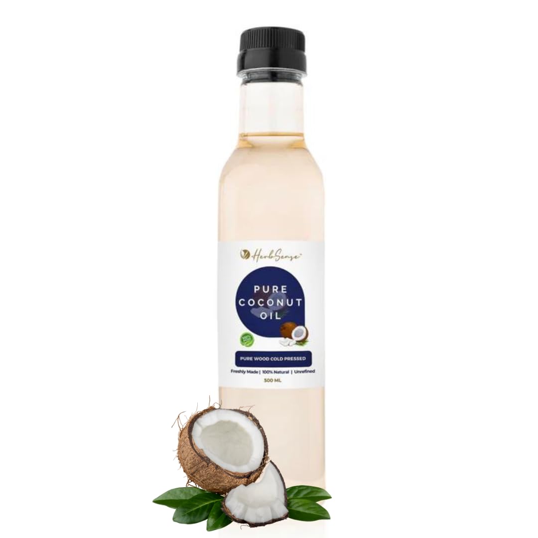 Herbsense 100% Pure Cold Pressed Coconut Oil - Organic Unrefined Virgin Coconut Oil for Hair Care, Skin Moisturizer, Baby Massage & Oil Pulling | 16.9oz (500ml) | Perfect for Cooking, Beauty & Wellness Routines