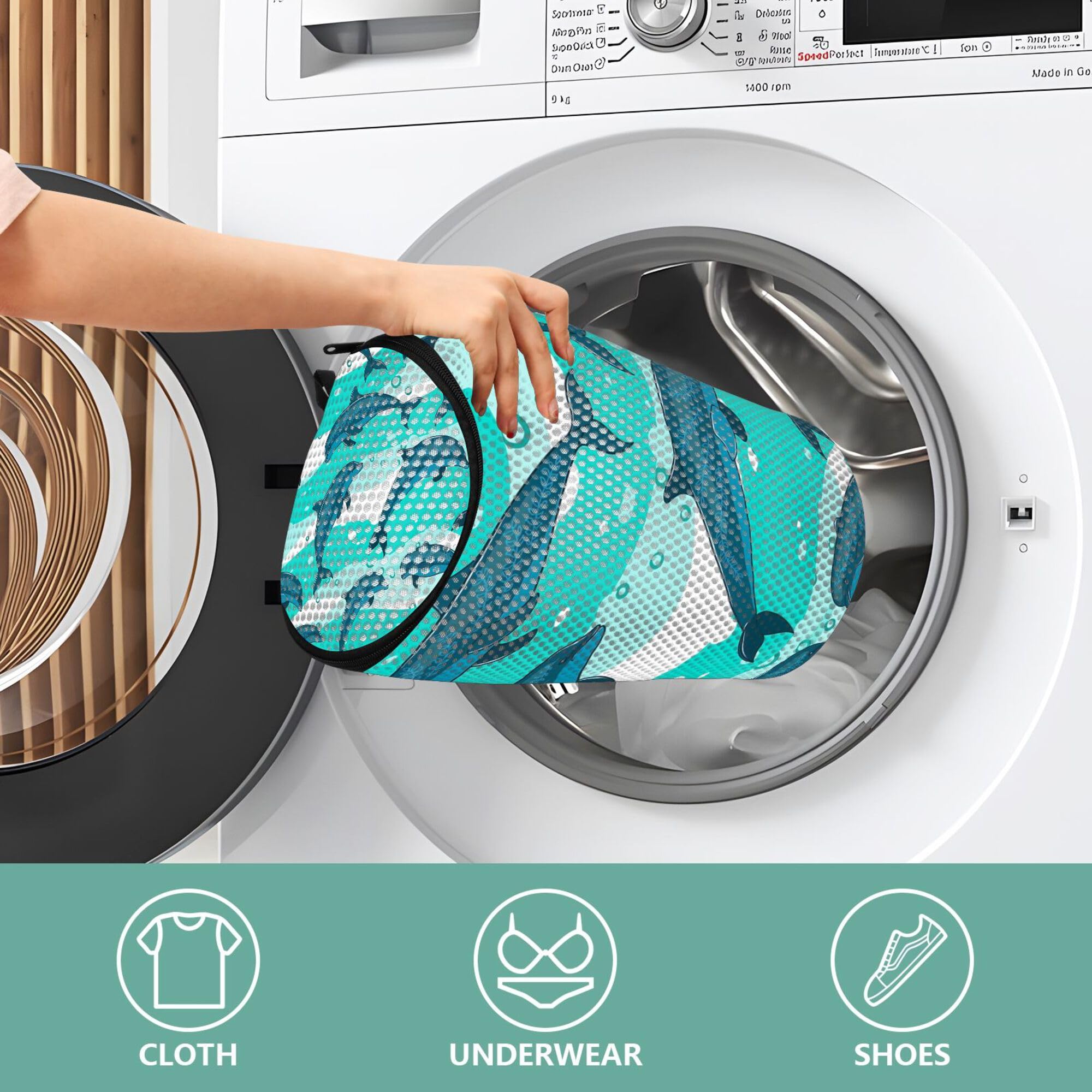 Washing Machine Shoe Bag for Sneakers - Pack of 2 Laundry Bags with Flock Dolphins Marine Pattern | Gentle Shoe Protection for Washer | Perfect for Gym Shoes, Running Sneakers & Sports Footwear