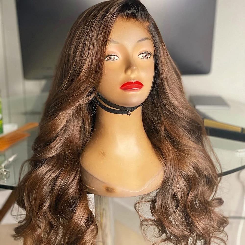 13x6 Lace Front Human Hair Wig - Body Wave Loose Wavy Ombre Brown Brazilian Remy Hair 150% Density 16