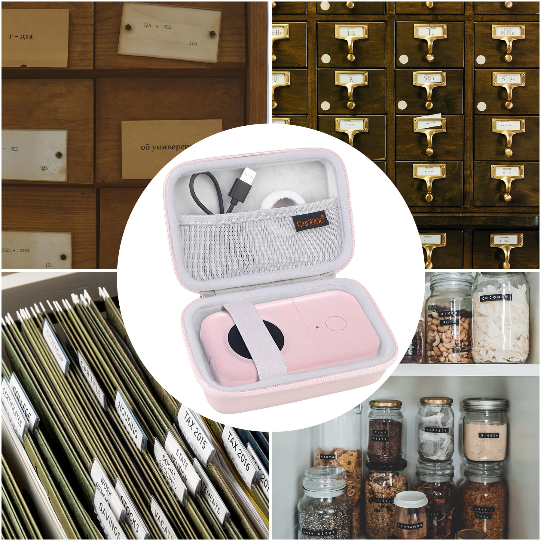Canboc Hard Case for Phomemo D30 D35, Memoking D30, NIIMBOT D11 - Portable Protective Storage Bag for Bluetooth Label Makers - Fits Thermal Label Printer, Paper Tapes & Cables (Pink) - Perfect for Office, Home & Travel Organization