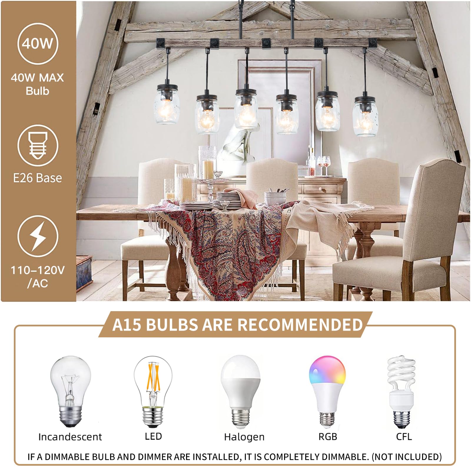 Farmhouse Kitchen Island Lighting - 6-Light Rustic Mason Jar Chandelier with Clear Glass Globes, 30