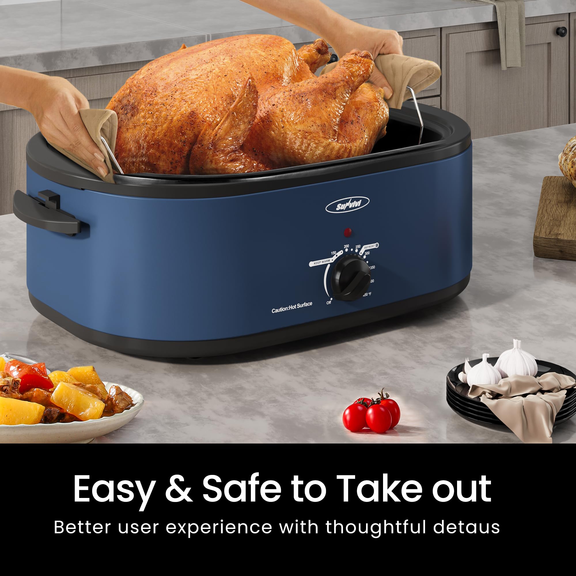 22-Quart Electric Roaster Oven with Removable Pan & Self-Basting Lid - Digital Temperature Control (150-450°F) & Cool-Touch Handles - Perfect for Turkey, Roast Beef, Holiday Meals & Large Family Gatherings - Blue