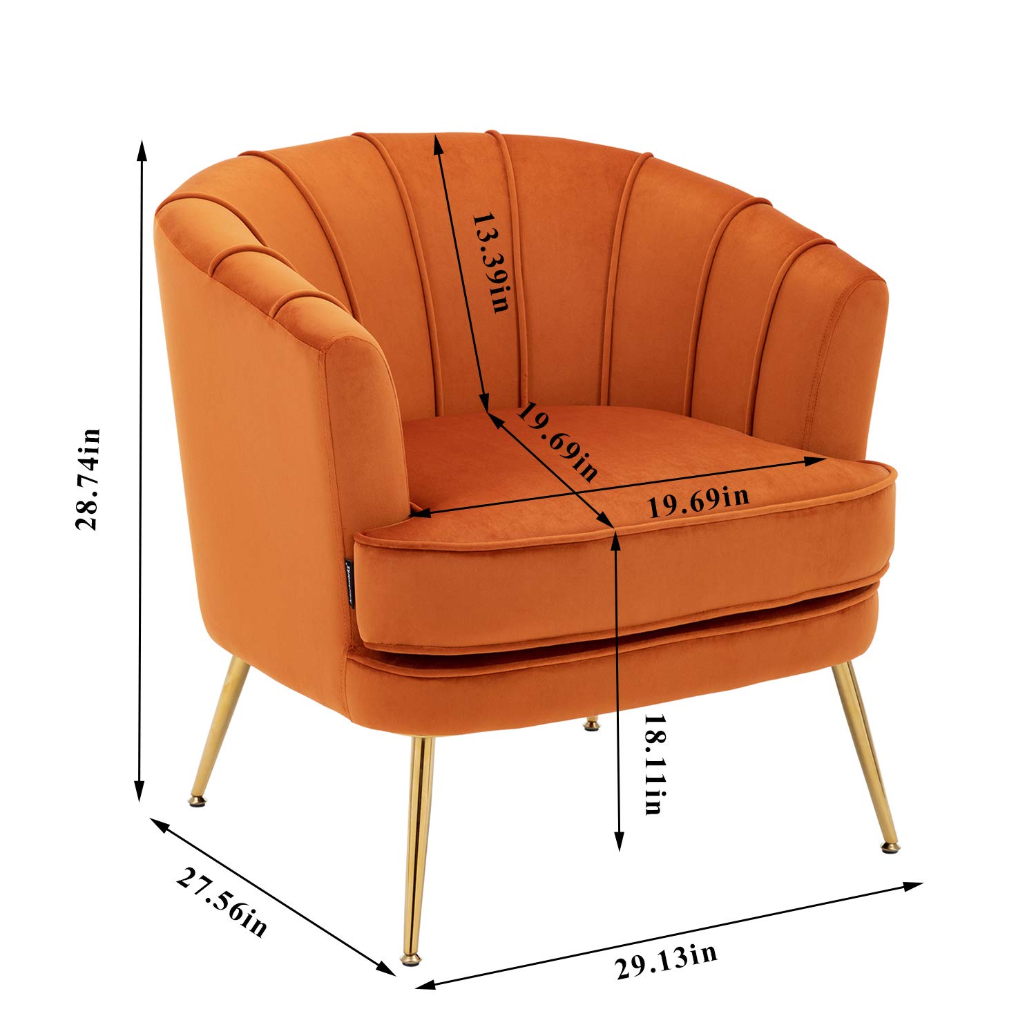 Artechworks Modern Velvet Barrel Chair - Gold Leg Accent Armchair with Channel Tufted Back for Living Room, Bedroom & Home Office - Orange Caramel Club Chair | Perfect for Reading Nooks, Lounge Areas & Cozy Corners