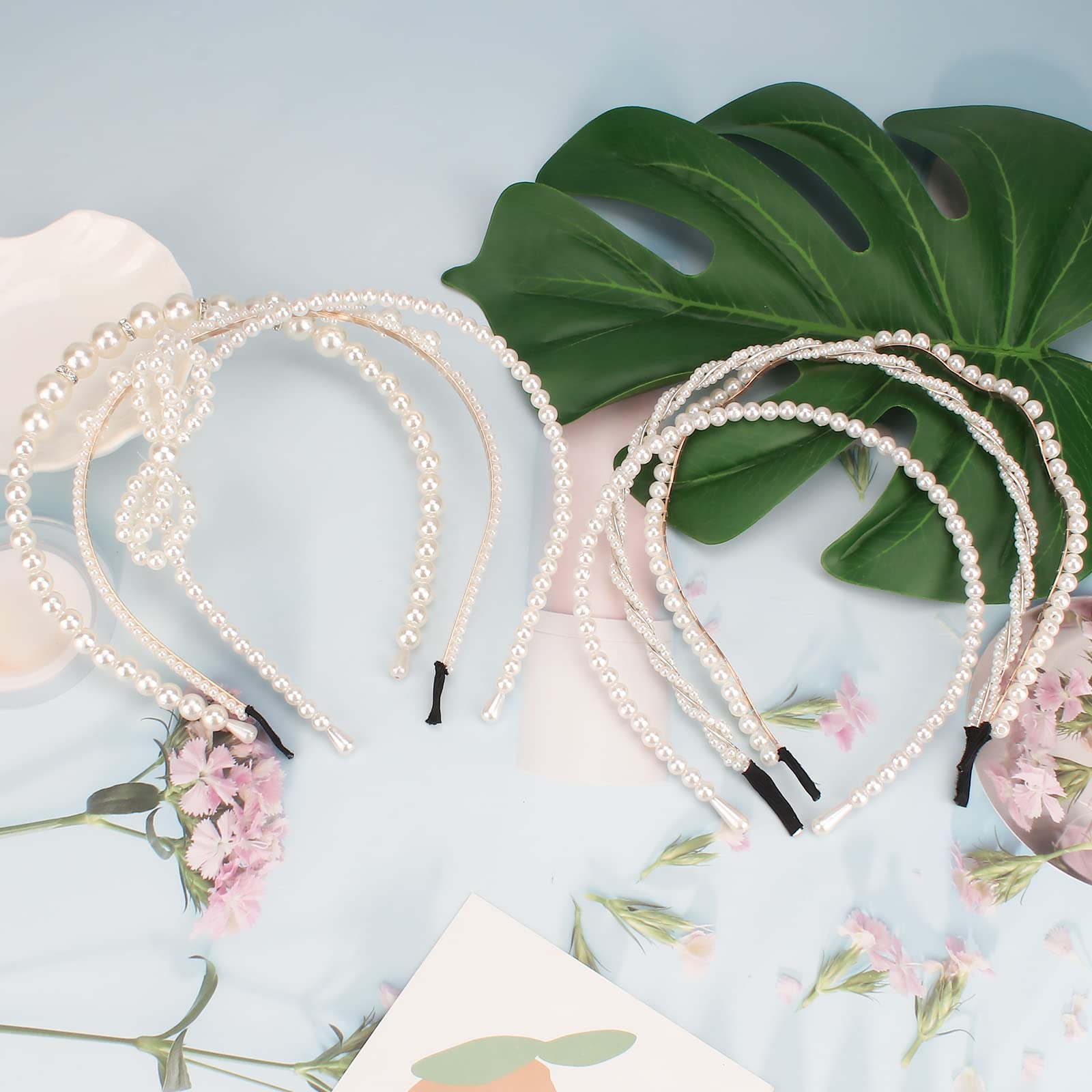 AMCAMI White Pearl Rhinestones Sparkly Beaded Hair Accessories - 6 PCS Headbands & Hair Hoops for Women & Girls | Fashionable Hairbands for Parties, Weddings & Daily Wear