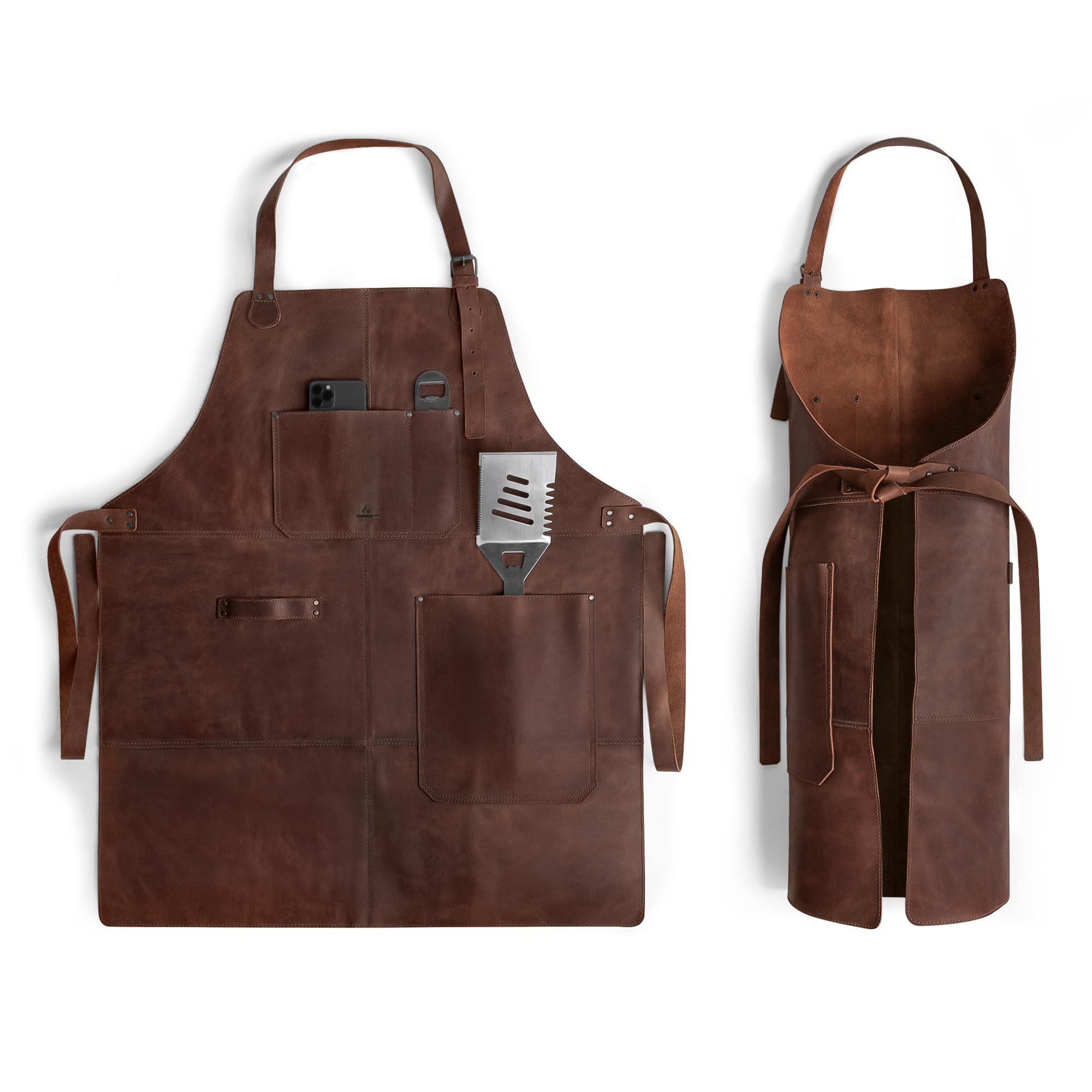 Premium Heat-Resistant Full Grain Leather Grill Apron - Handmade Cooking & Grilling Protective Cover for BBQ, Kitchen & Outdoor Cooking - Durable Bourbon Brown Chef Accessory for Backyard Grilling & Camping