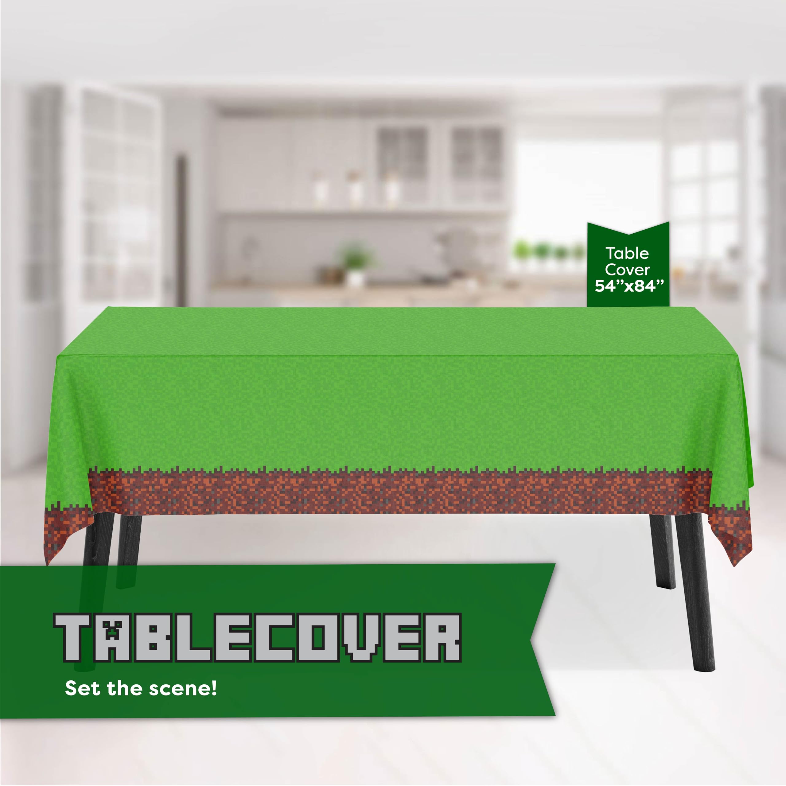 Minecraft Party Supplies Set for 16 Guests - Includes Table Cover, Plates, Napkins, Cups & Buttons - Perfect for Birthday Parties, Themed Events & Gaming Celebrations