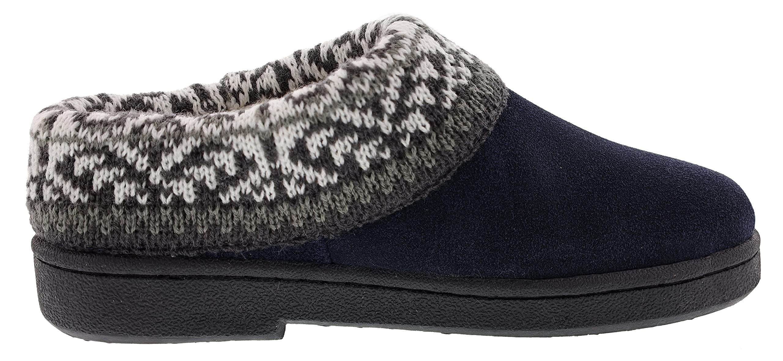 Clarks Women's Suede Leather Comfort Clog Slippers with Knitted Collar & Plush Faux Fur Trim - Cozy Indoor/Outdoor House Shoes for Women - Perfect for Lounging, Running Errands & Cold Weather (Fairisle Navy, Size 9M)
