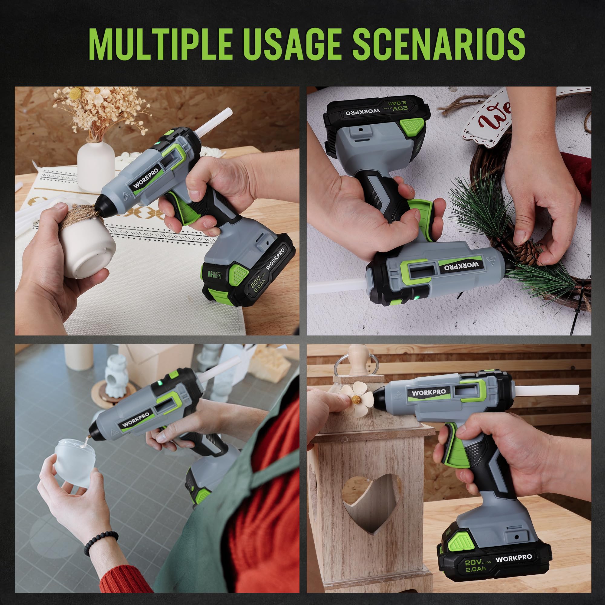 WORKPRO 20V Cordless Hot Melt Glue Gun Kit with 2.0Ah Li-ion Battery, Rechargeable Full Size Heavy Duty Glue Gun - 45 Second Fast Heating, Includes 12 Glue Sticks for DIY Projects, Home Repairs, Arts & Crafts, Woodworking and Holiday Decorations