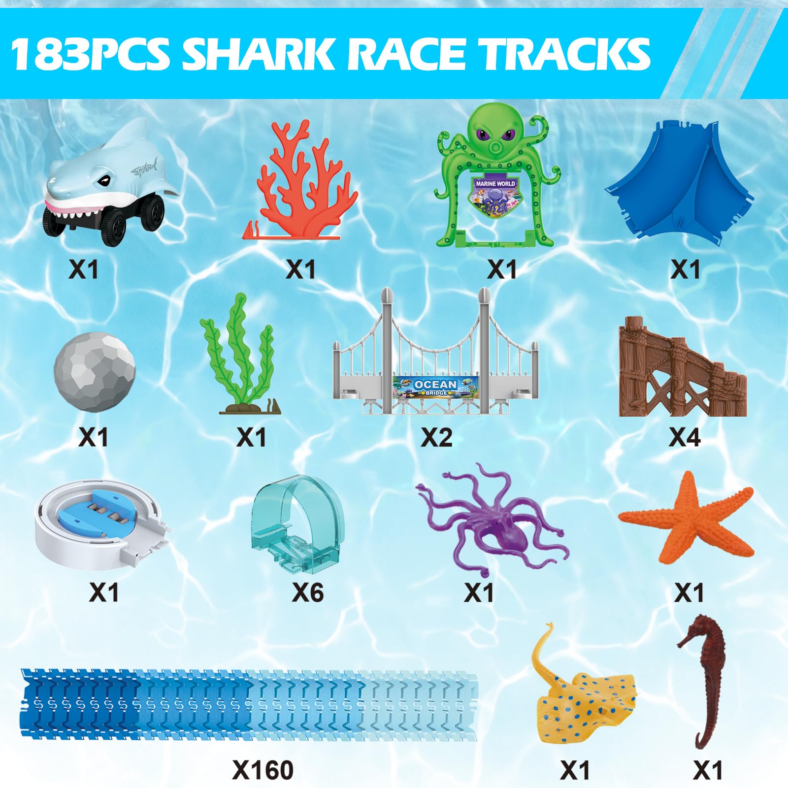 VATOS 183-Piece Shark Race Car Track Set - Flexible Bendable Racetrack with Shark & Ball Toys - STEM Educational Ocean Theme Playset for Boys & Girls Ages 3-9 - Perfect Birthday Gift for Kids Who Love Racing & Marine Adventures