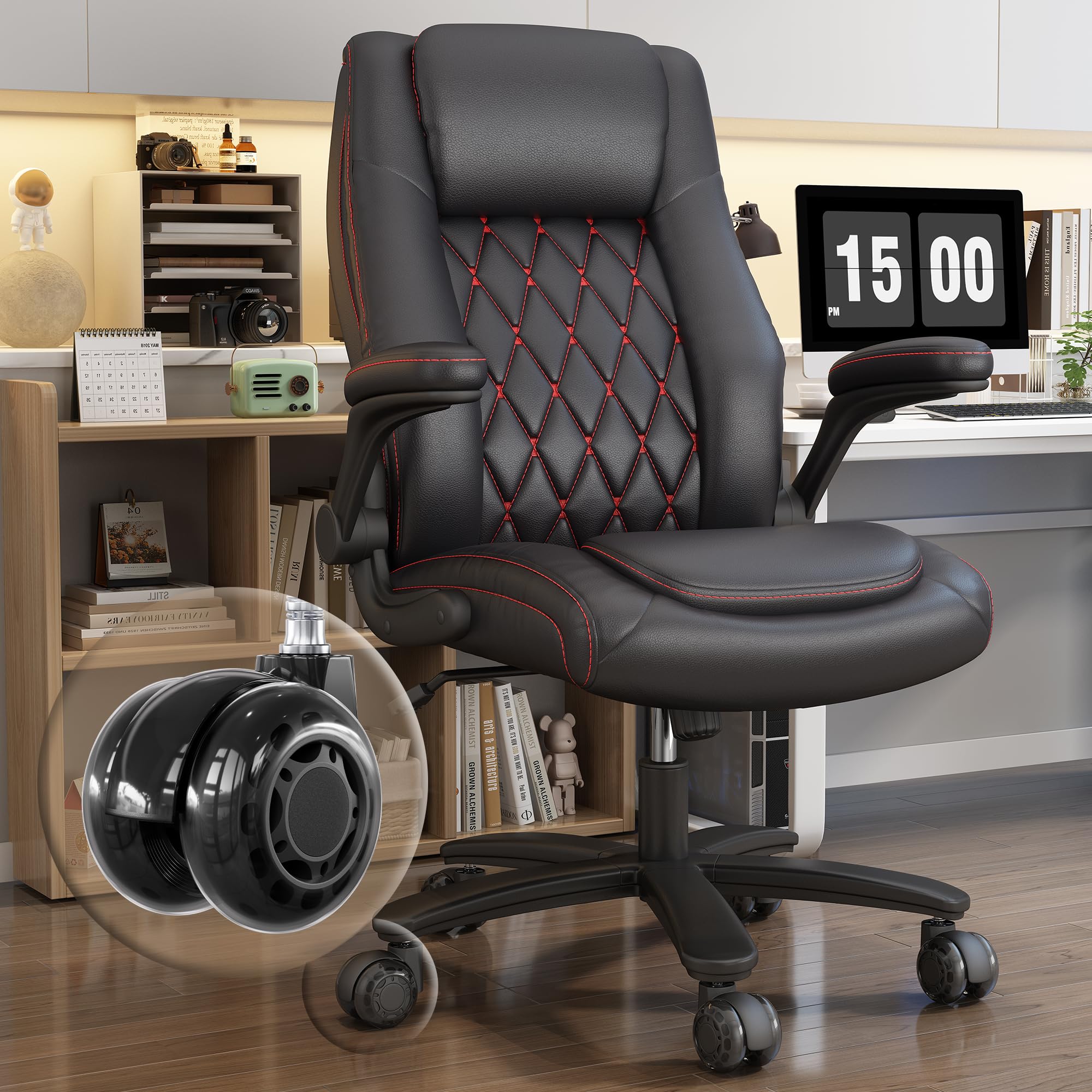 Premium High Back Executive Office Chair for Big & Tall - 400LBS Weight Capacity with Lumbar Support, Flip-Up Armrests & Smooth-Rolling Rubber Wheels - Ergonomic Desk Chair for Home Office, Conference Rooms & Executive Suites (Black)
