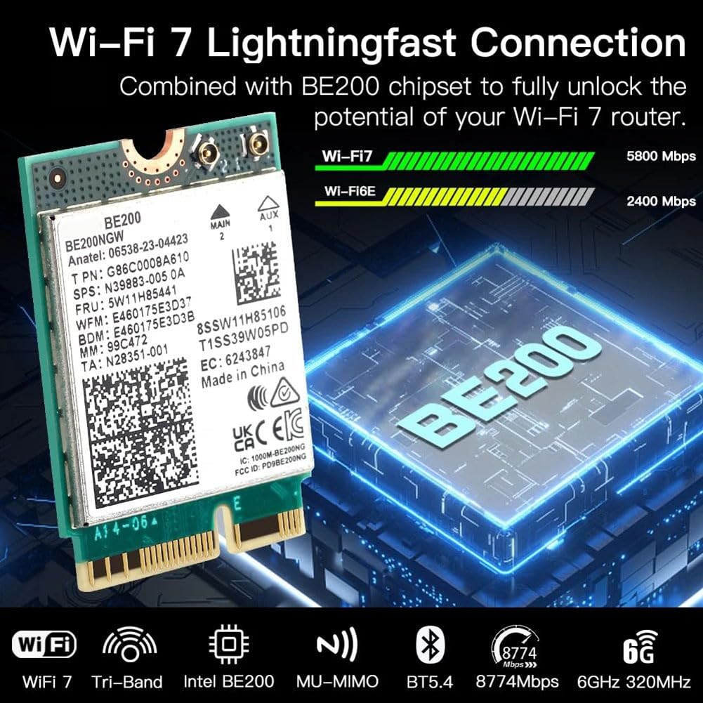 Luxurious WiFi 7 BE200 PCIe Wireless Card - Tri-Band 2.4G/5G/6GHz, Windows 11 Compatible - Perfect for Gaming, 4K Streaming & High-Speed Internet Browsing