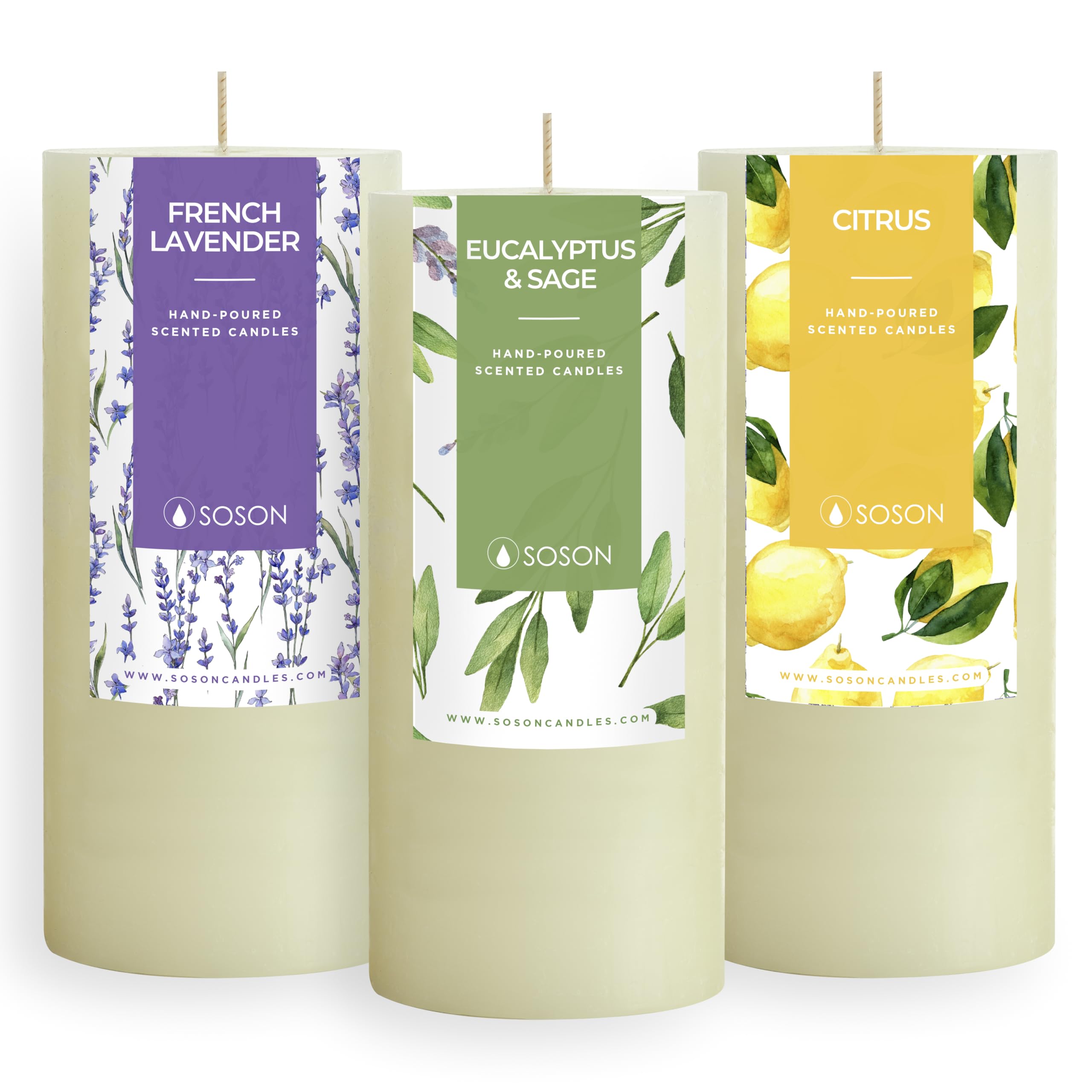 Simply Soson 3x6 Inch Ivory Scented Candles Set of 3 - Eucalyptus Sage, Citrus, Rustic Lavender - Home Aromatherapy Decor for Relaxation, Meditation & Gift Giving