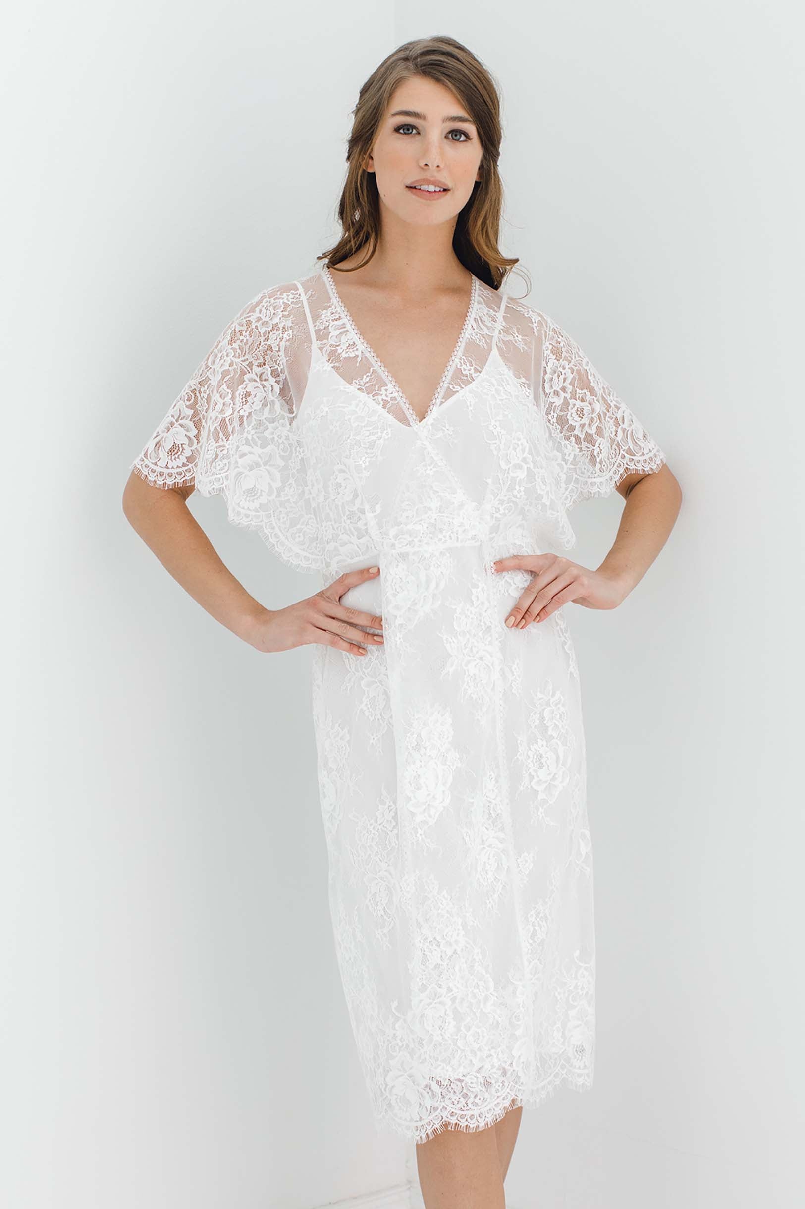 Anita Midi Lace Robe with Flutter Kimono Sleeves - Elegant Ivory Bridal Lingerie for Wedding Night, Honeymoon & Boudoir Photography