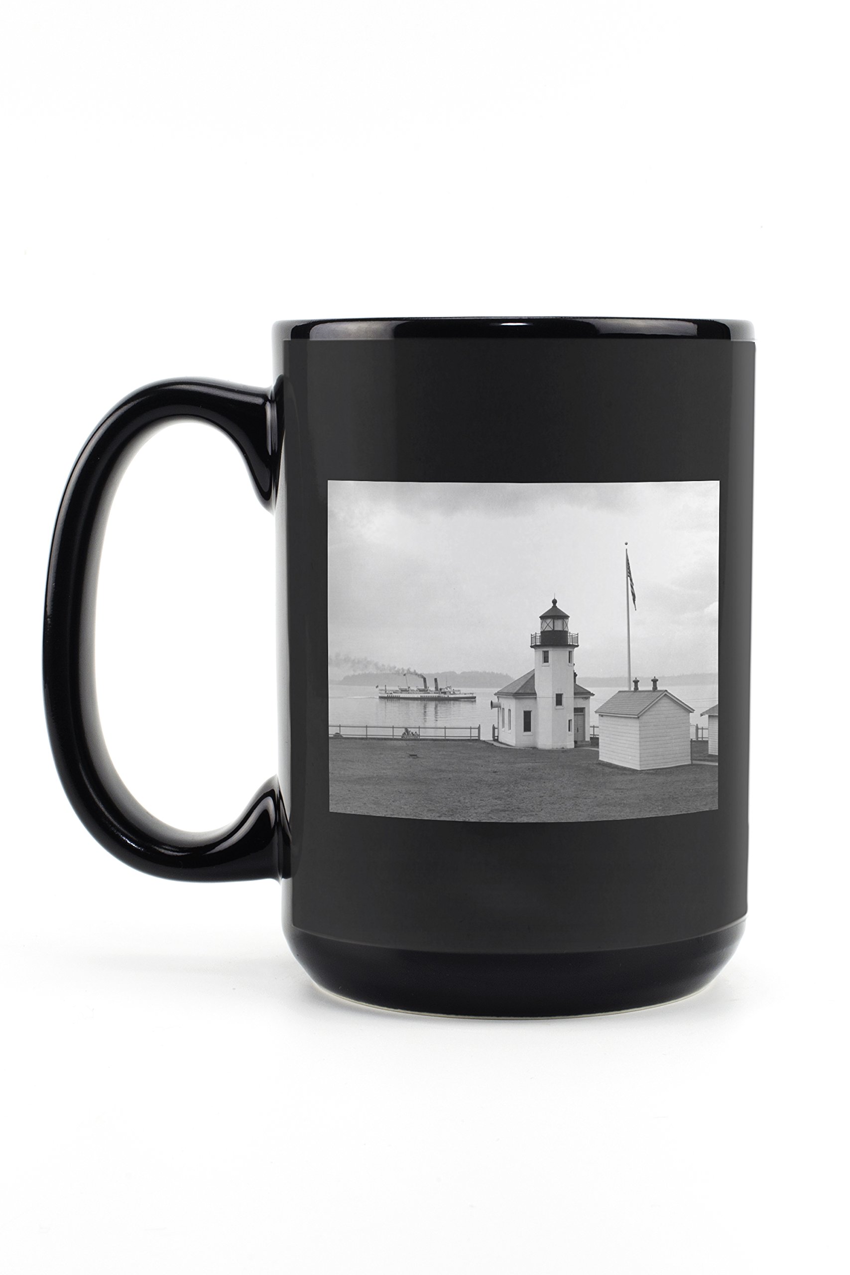 Alki Point Lighthouse Photo Mug - 15oz Black Ceramic Coffee & Tea Cup - Dishwasher & Microwave Safe - Perfect for Home, Office & Gift Giving