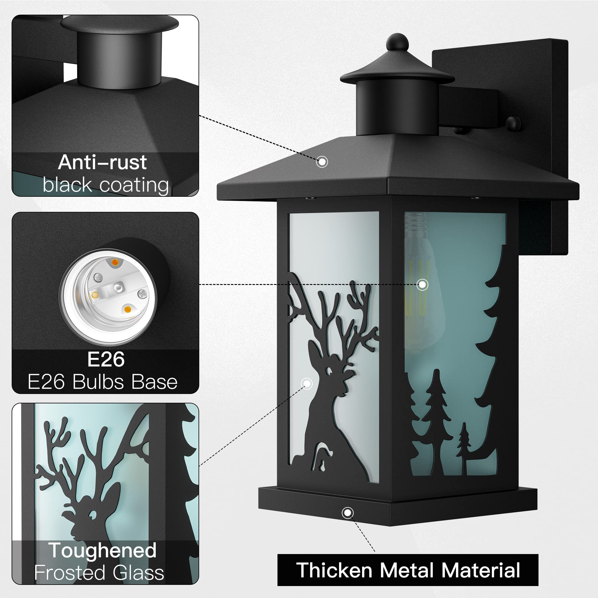 2 Pack Outdoor Wall Sconce Lights - Waterproof Exterior Porch Lighting Fixtures with Anti-Rust Finish & Frosted Glass (Deer Pattern), E26 Socket - Perfect for House, Garage, Patio, Front Door & Garden Decor