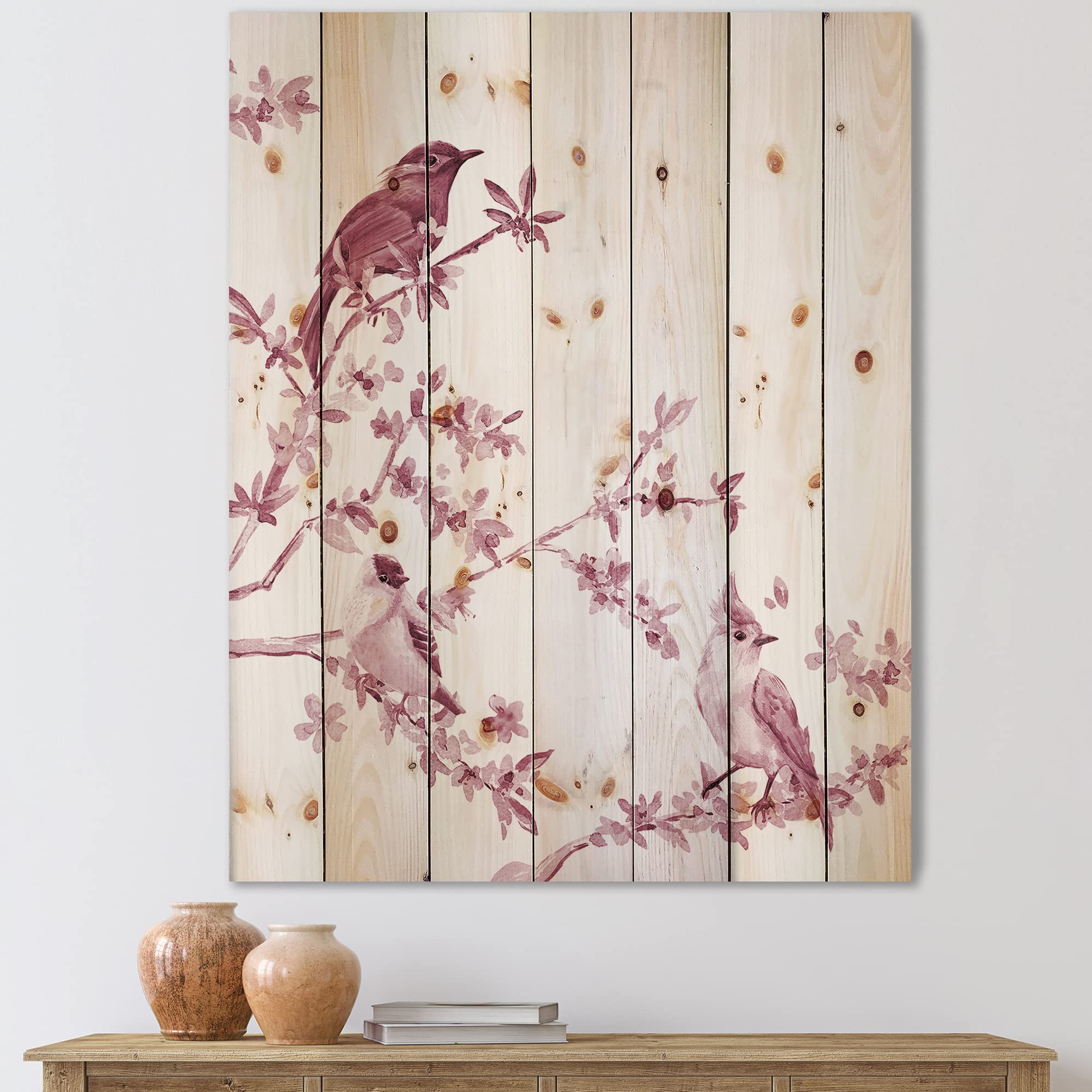 DesignQ Pink Birds Traditional Wood Wall Decor - Handcrafted Pine Wood Art Panel with Large Animal Prints - Perfect for Living Room, Bedroom & Nursery Decor