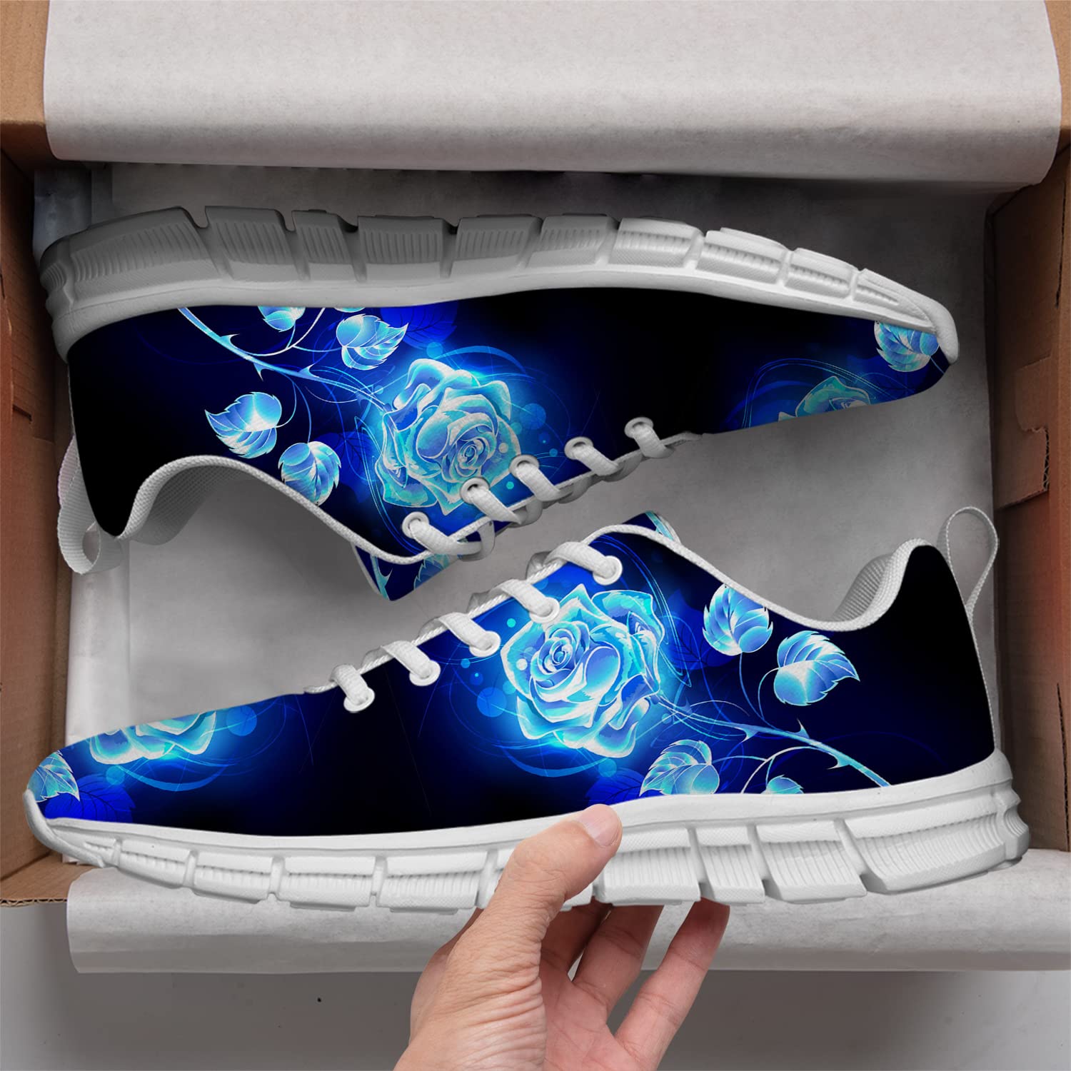 Rose Print Sneakers for Women & Men - Blue Galaxy Floral Gym Shoes, Tennis & Walking Shoes - Gifts for Rose Lovers (Men's Size 7.5, Women's Size 9) - Perfect for Casual Wear, Workouts & Fashion Outfits