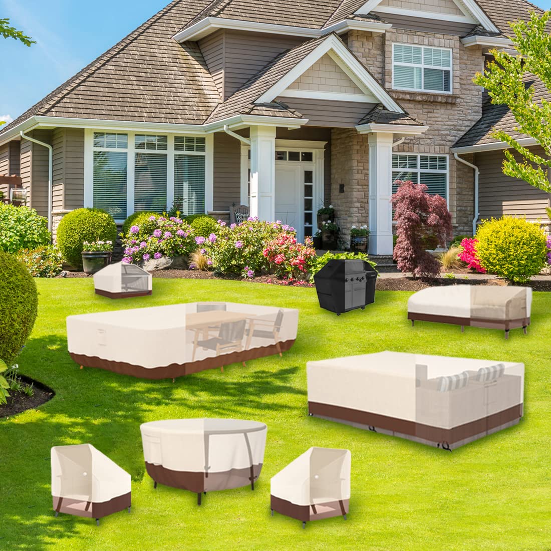Tuyeho 126 x 64 x 28 Inch Heavy Duty Waterproof Patio Furniture Cover - Durable Oxford Fabric Outdoor Sectional Sofa Set Protector, Weather Resistant for All Seasons (Beige & Brown) - Perfect for Backyard, Deck, Garden & Poolside Furniture Protection