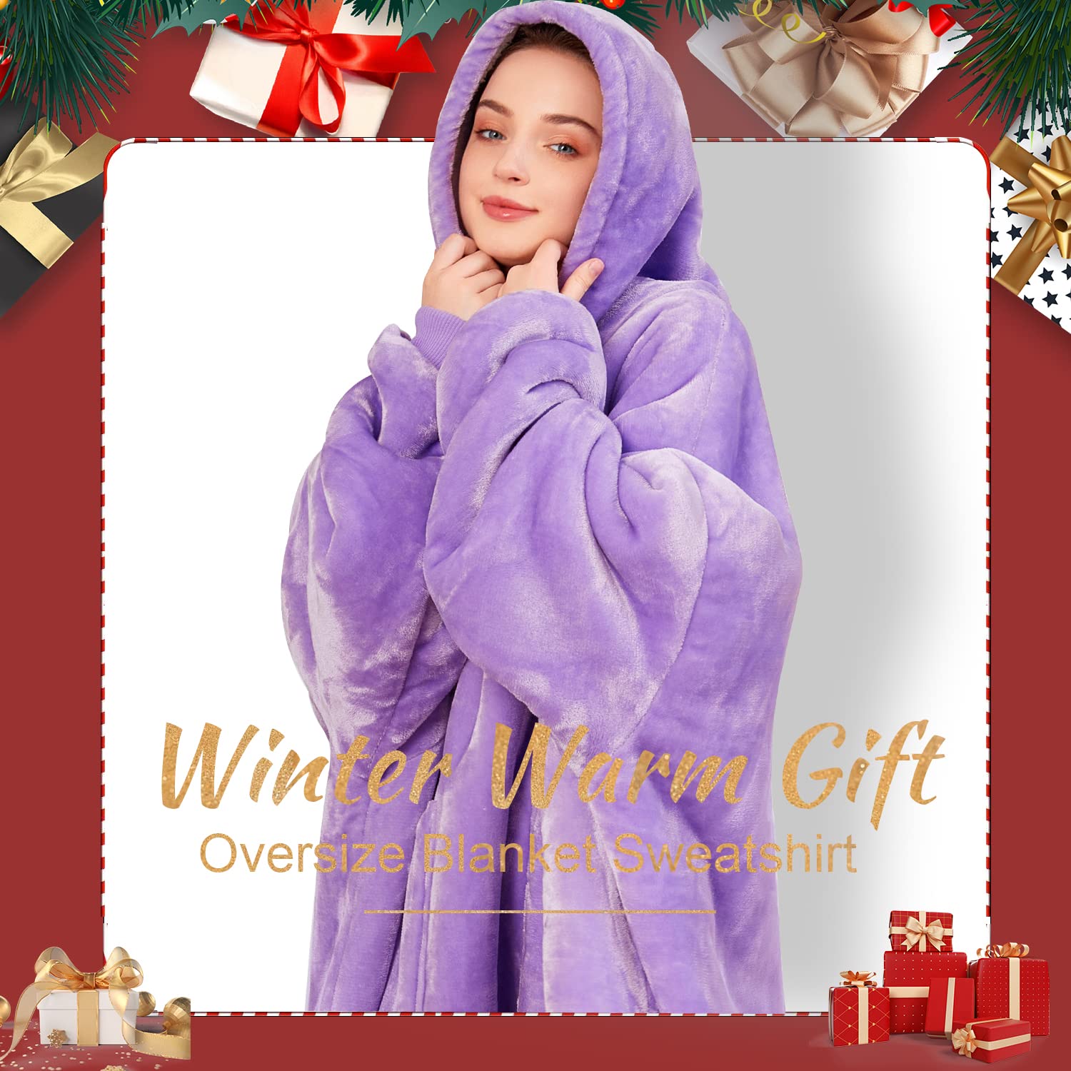 **Oversized Wearable Blanket Hoodie - Sherpa Fleece, Soft & Warm Hooded Sweatshirt for Women, Men, Teens - Light Purple - Perfect for Lounging, Netflix, Camping & Cold Weather**