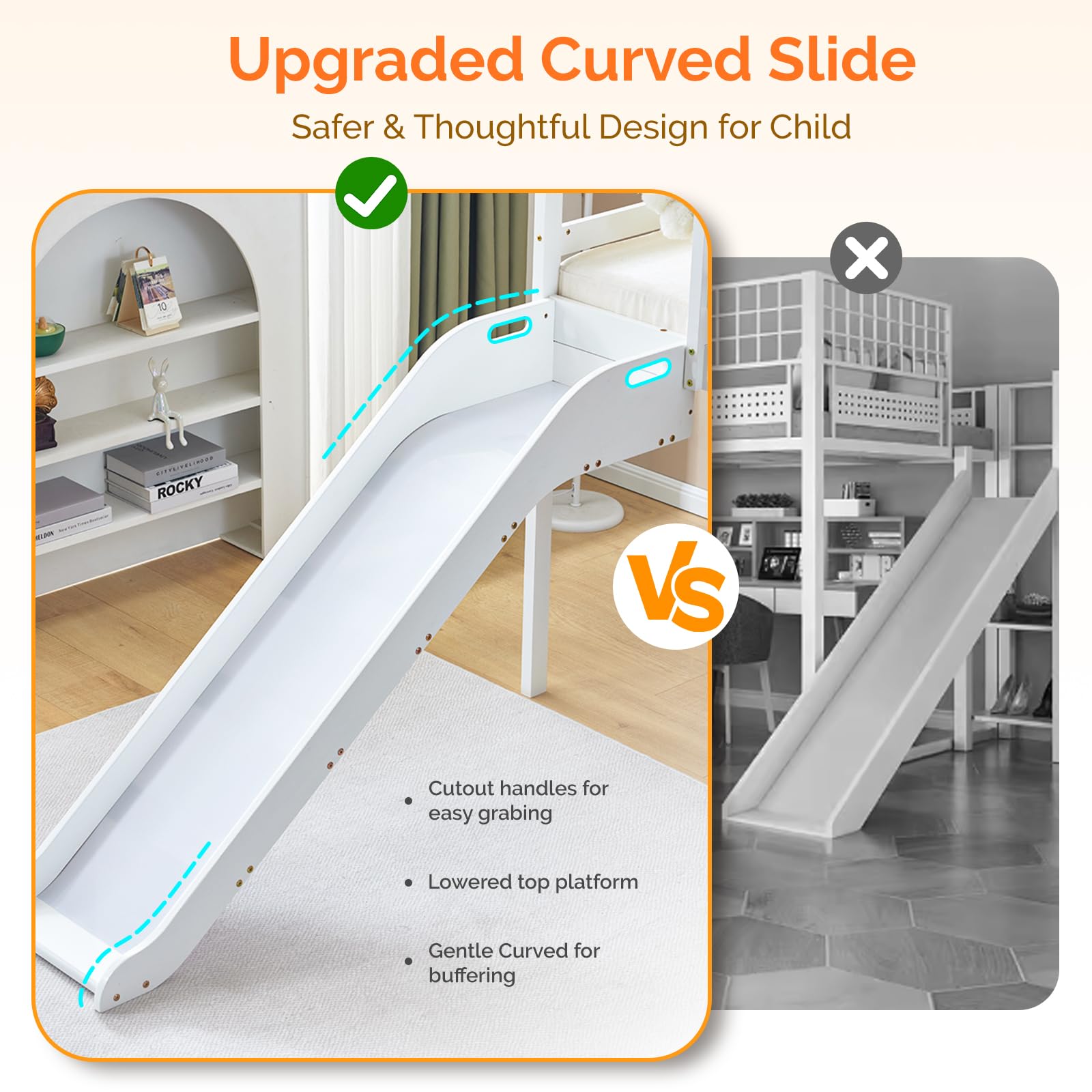 JOYMOR Twin Size Low Loft Bed with Curved Slide & Ladder - Solid Pine Wood Frame, 14