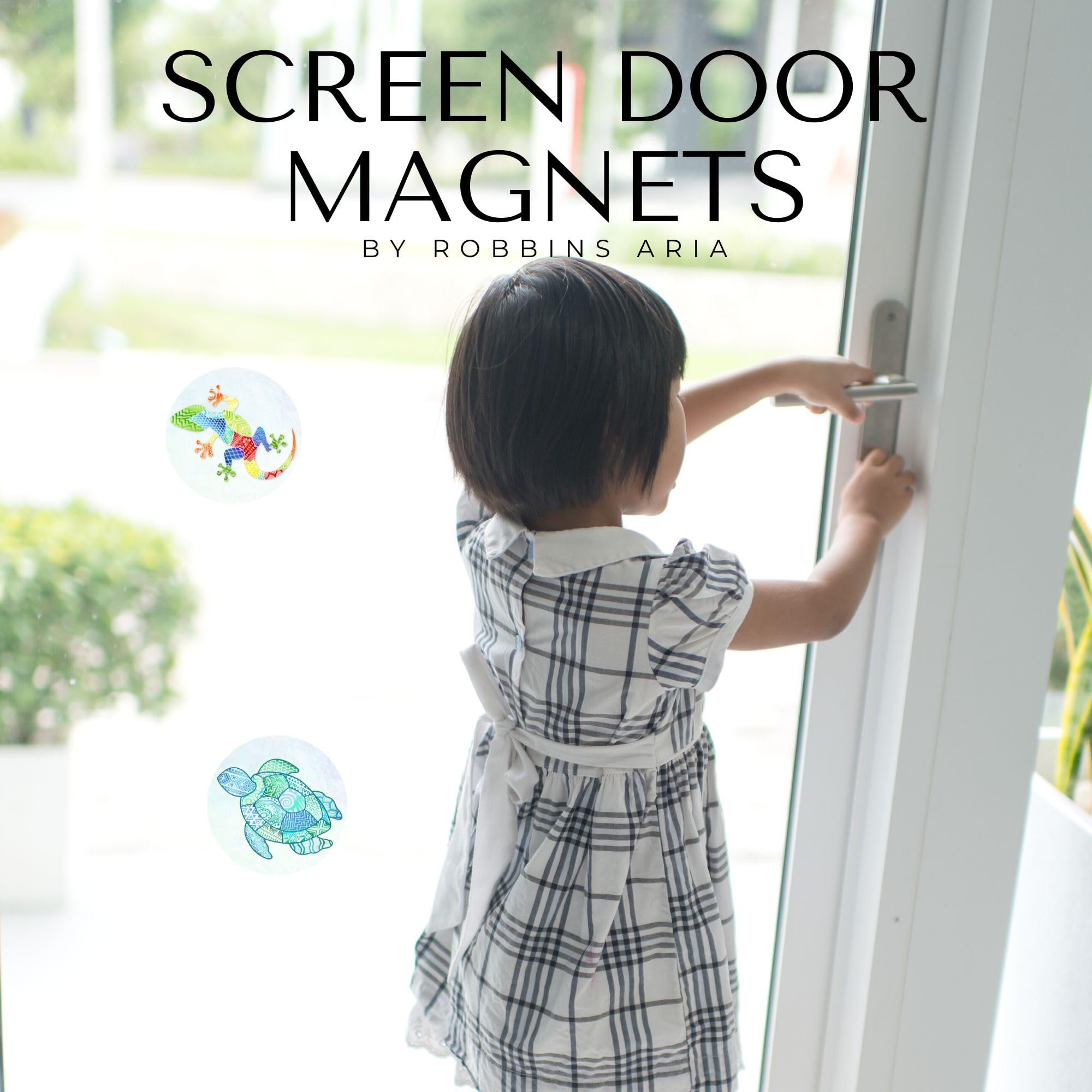 Robbins Aria Magnetic Screen Door - Twist Click Lock System for Pet & Child Safety - Gecko Design Decorative Mesh Door Saver with Indicator - Perfect for Homes with Dogs, Cats & Kids