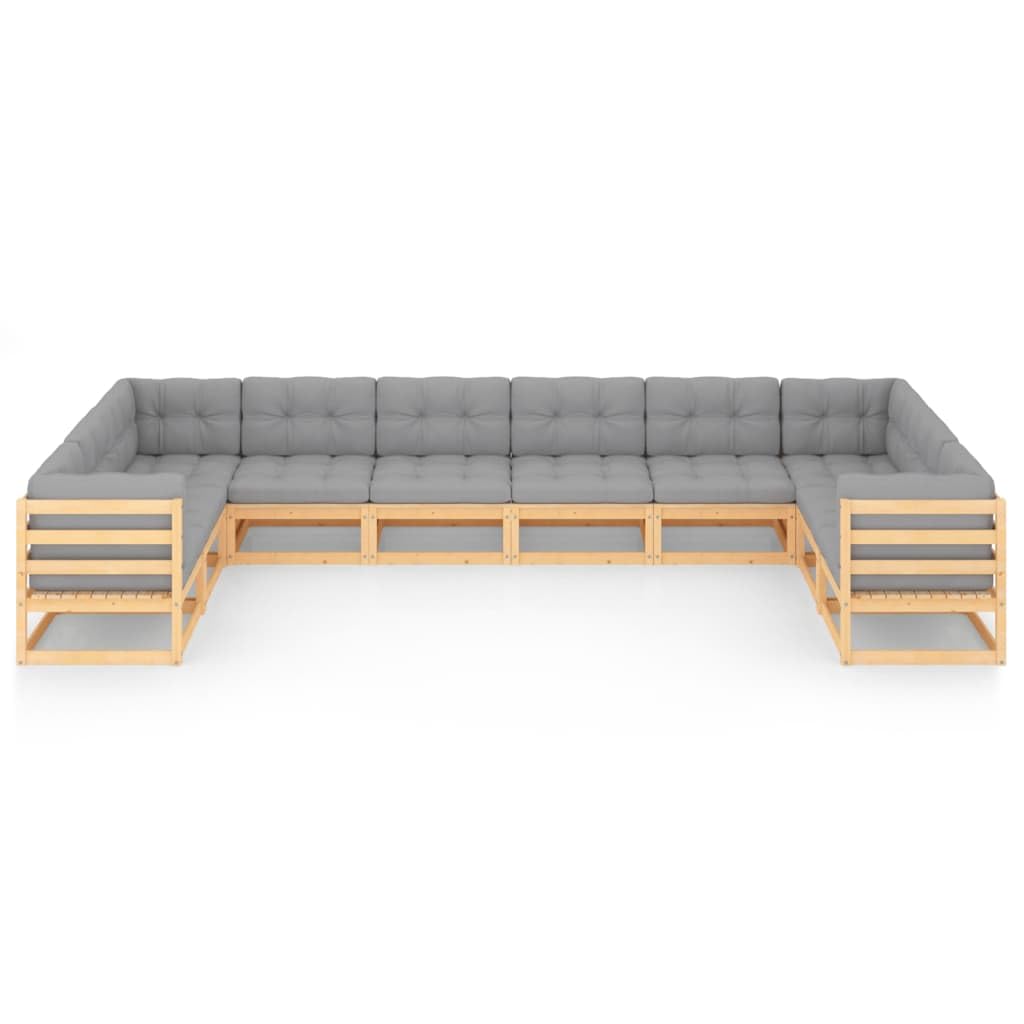 vidaXL Solid Pinewood Patio Lounge Set with Cushions, Gray - 10-Piece Comfortable Outdoor Furniture Set for Garden, Deck, Poolside & Backyard Relaxation