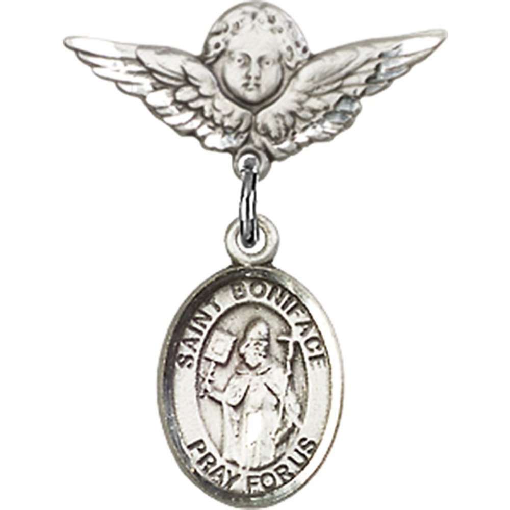 St. Boniface Sterling Silver Baby Badge with Angel Wing Charm - 7/8