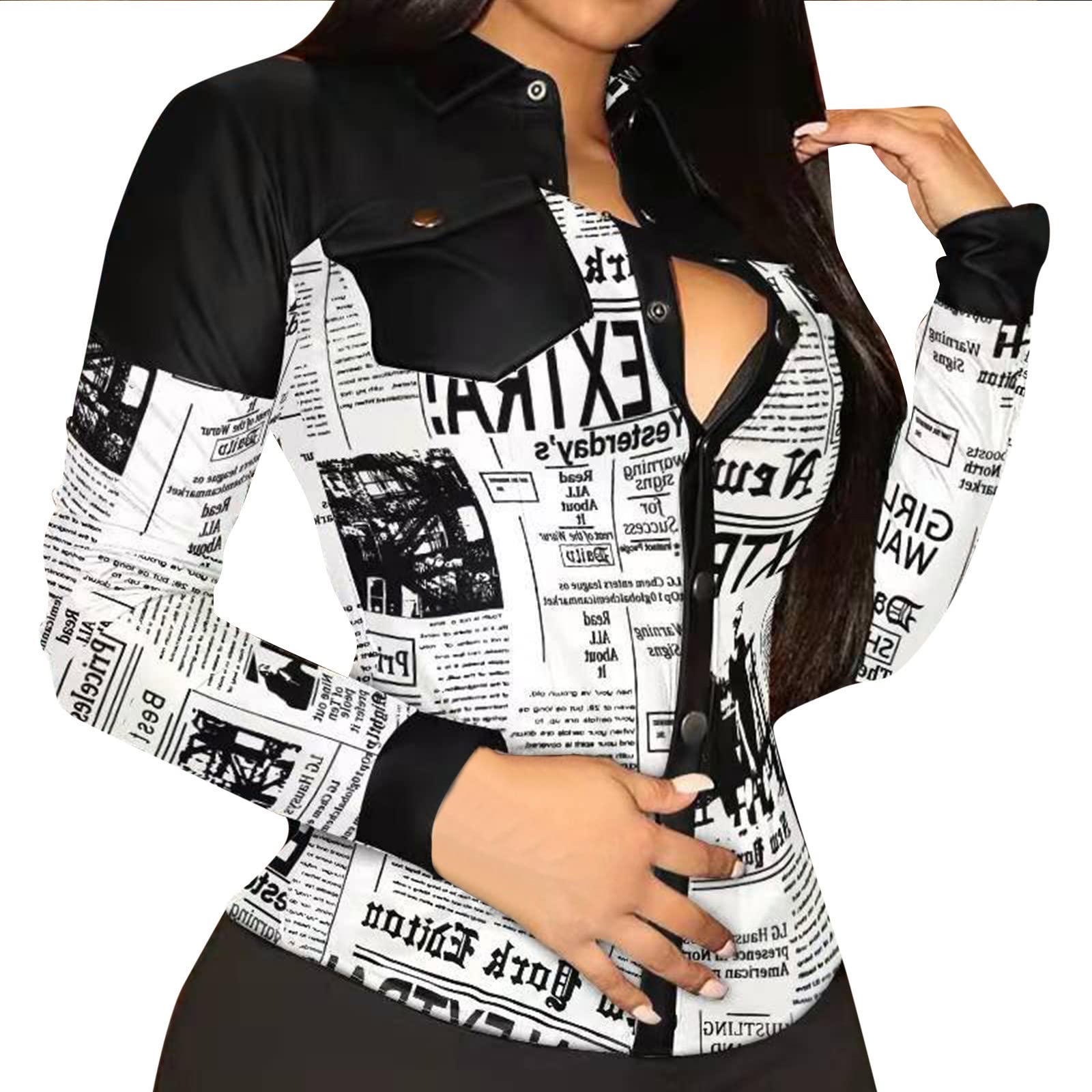 Women's Fashion V-Neck Printed Pocket Shirt - Long Sleeve Loose Casual Blouse with Lapel Collar | Perfect for Office Wear, Weekend Outings & Casual Date Nights
