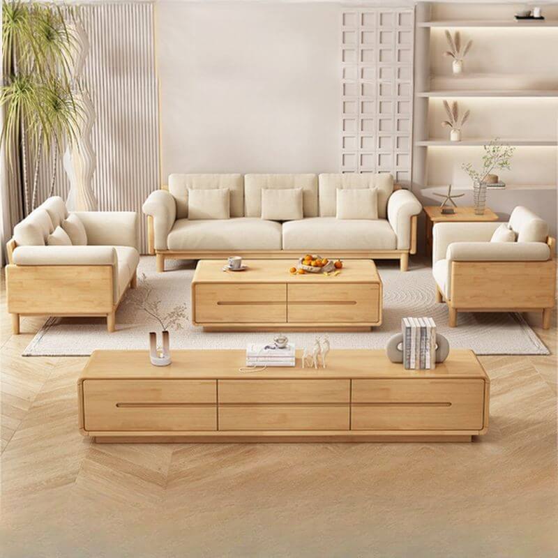 Victorian Style Sofa Couch with Natural Wood Finish, Flared Arms, 3 Decorative Pillows & Removable Cushions - Elegant Living Room Furniture for Home Decor, Lounge & Entertaining Guests