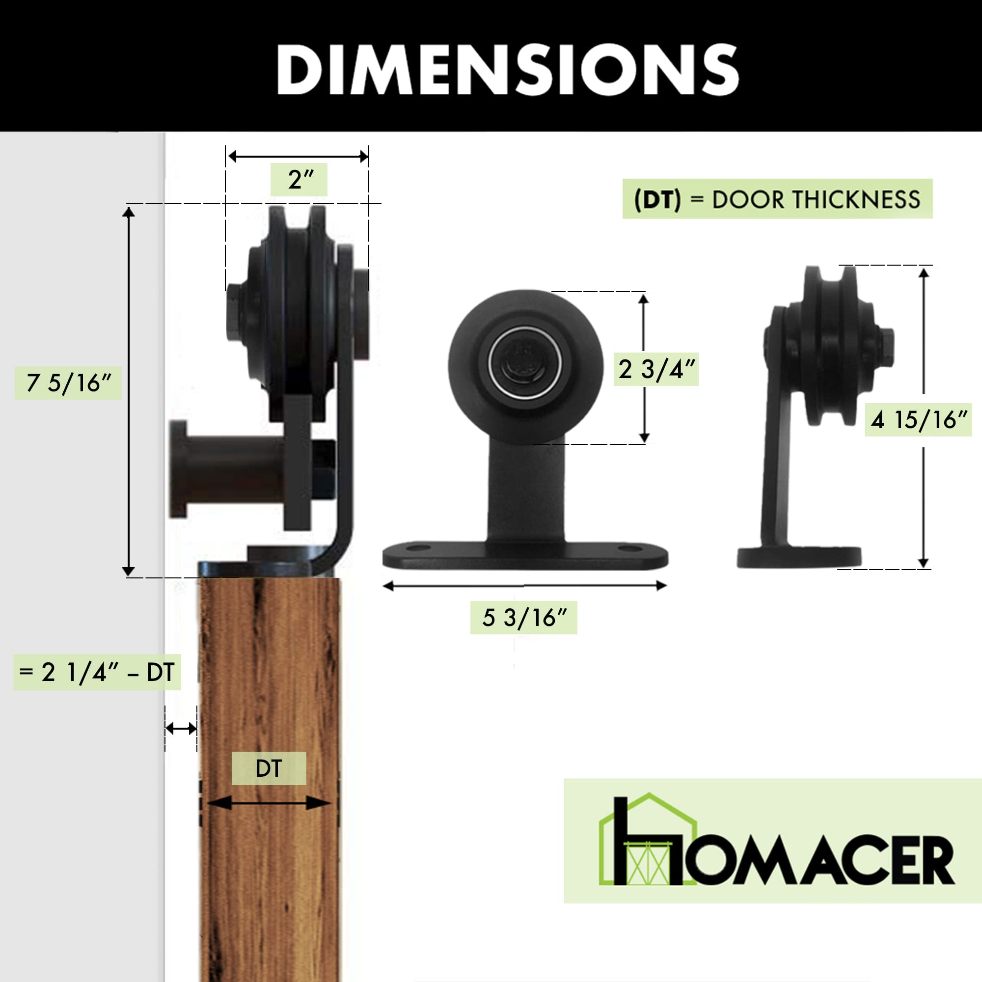 Homacer Black Rustic Roller Set with Door Stoppers & Guide - for Smooth Sliding Doors