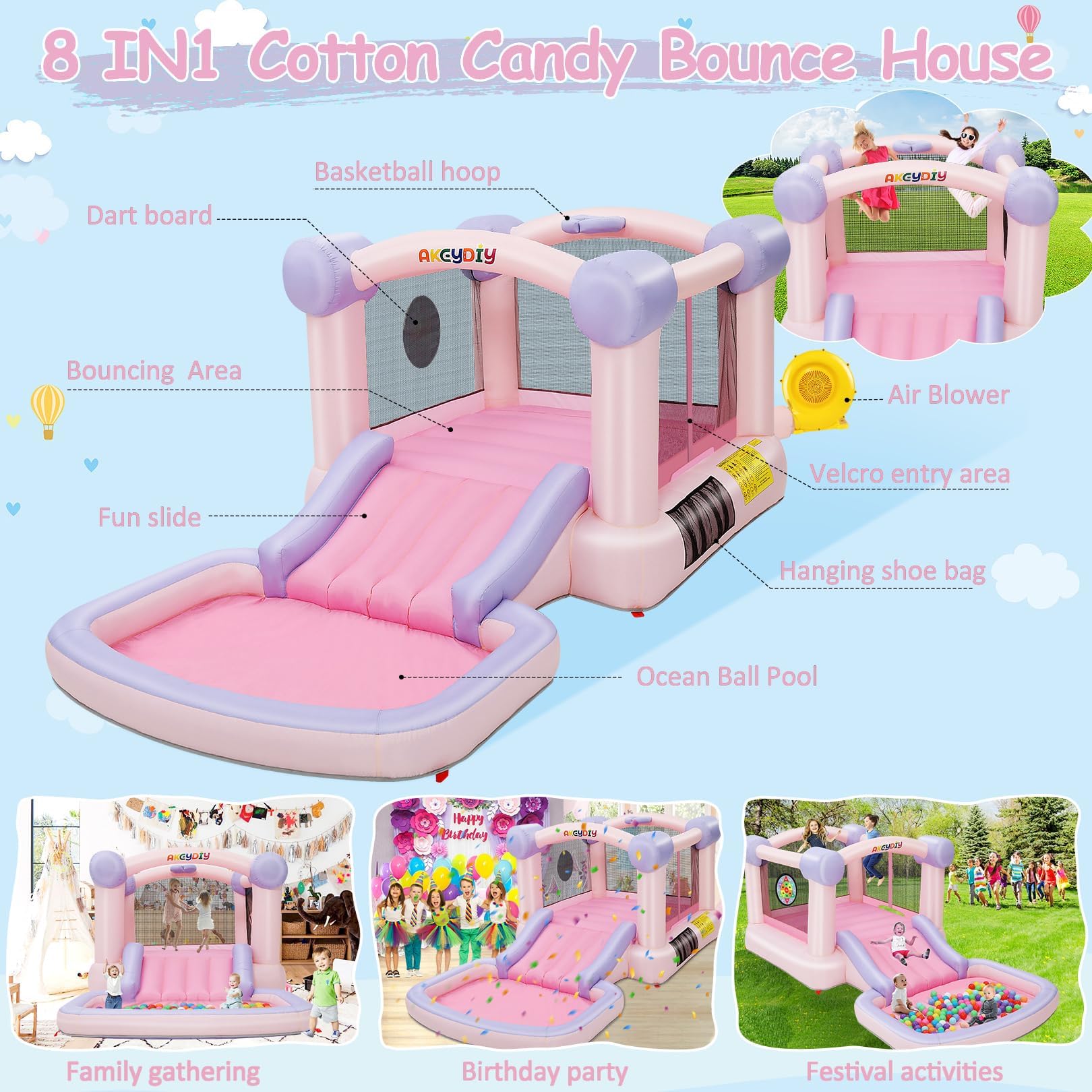 Pastel Inflatable Bounce House with Slide - 161x82x63 Inch Kids Bouncy Castle | Includes Blower, Basketball Hoop & 50 Pastel Balls | Indoor & Outdoor Party Playhouse for Boys & Girls Birthday | Perfect for Backyard, Park & Birthday Celebrations
