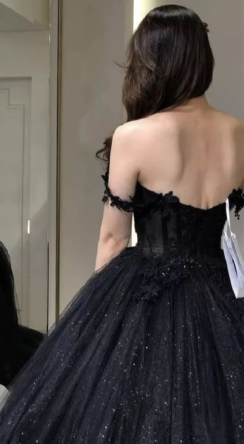 Elegant A-Line Black Gothic Wedding Dress - Off-the-Shoulder Lace Tulle Bridal Gown for Dark Romance & Vampire-Themed Weddings