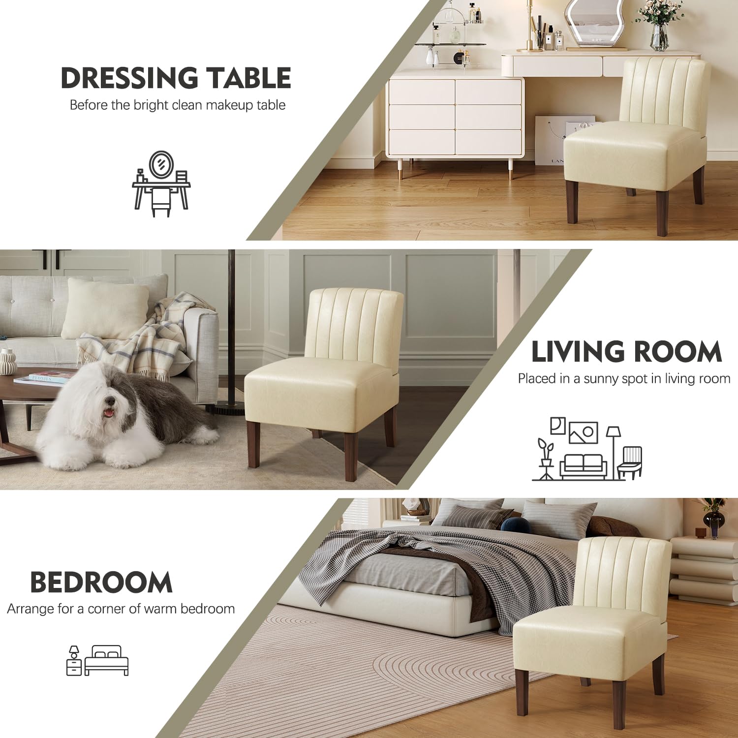 2 Pack Armless Accent Chairs - Upholstered Dining & Living Room Chairs with Solid Wood Legs, Beige Leather Reading Chairs for Bedroom, Vanity & Kitchen - Perfect for Small Spaces, Home Office & Cozy Corners