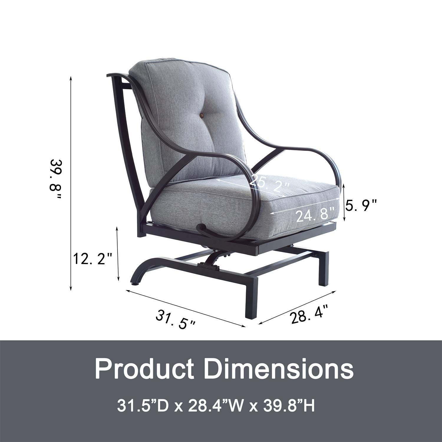 Rocking Motion Patio Chair - Outdoor Deep Seating Club Chair with Soft Cushions & Sturdy Metal Frame - Grey Metal Garden Furniture Set (1PCS) - Perfect for Yard, Lawn, Poolside & Relaxation