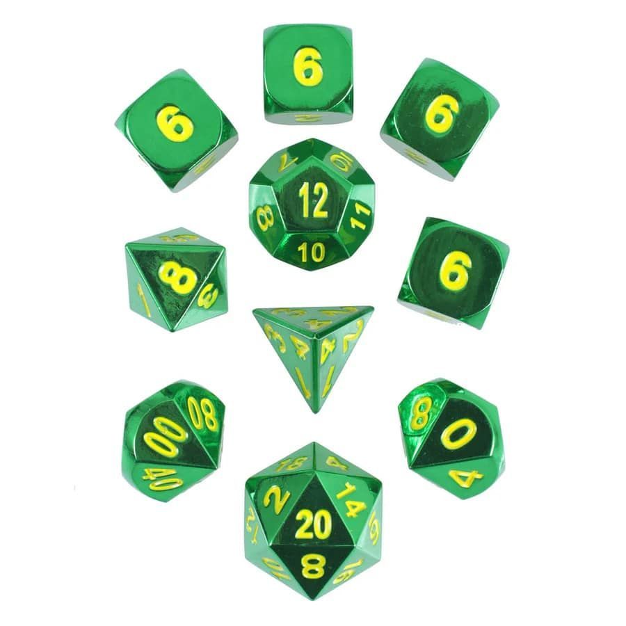 10-Piece Emerald Green Metal Dice Set for D&D, RPG, and Board Games - Perfect for Tabletop Gaming, Collectors, and Gifts