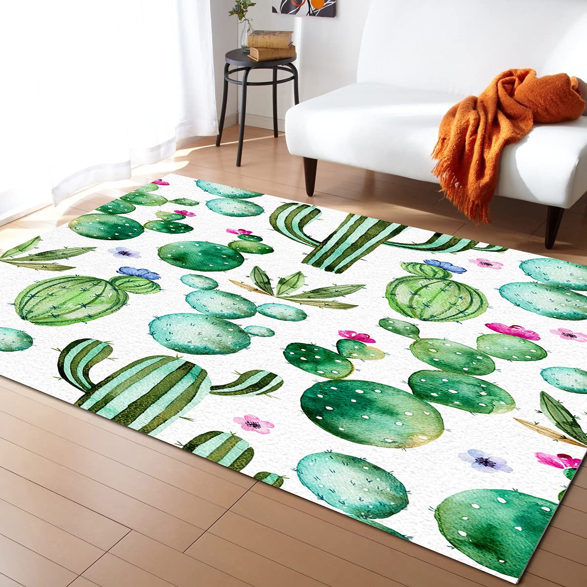 Non-Slip 5'x8' Cactus Succulent Watercolor Area Rug - Summer Decor Indoor Rug for Bedroom, Living Room, Kids Room & Playroom | Soft & Durable Floor Mat for Home Decor