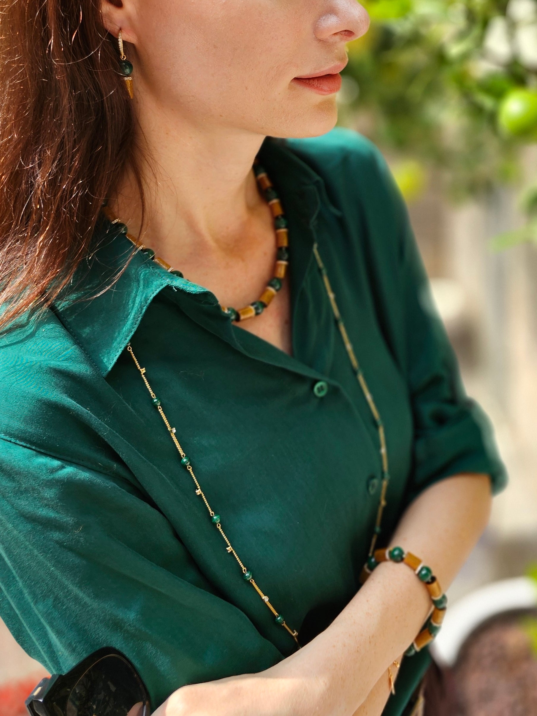Malachite Minimalist Long Necklace for Women - Elegant Green Stone Pendant Jewelry for Casual & Formal Wear - Perfect for Office, Parties & Special Occasions