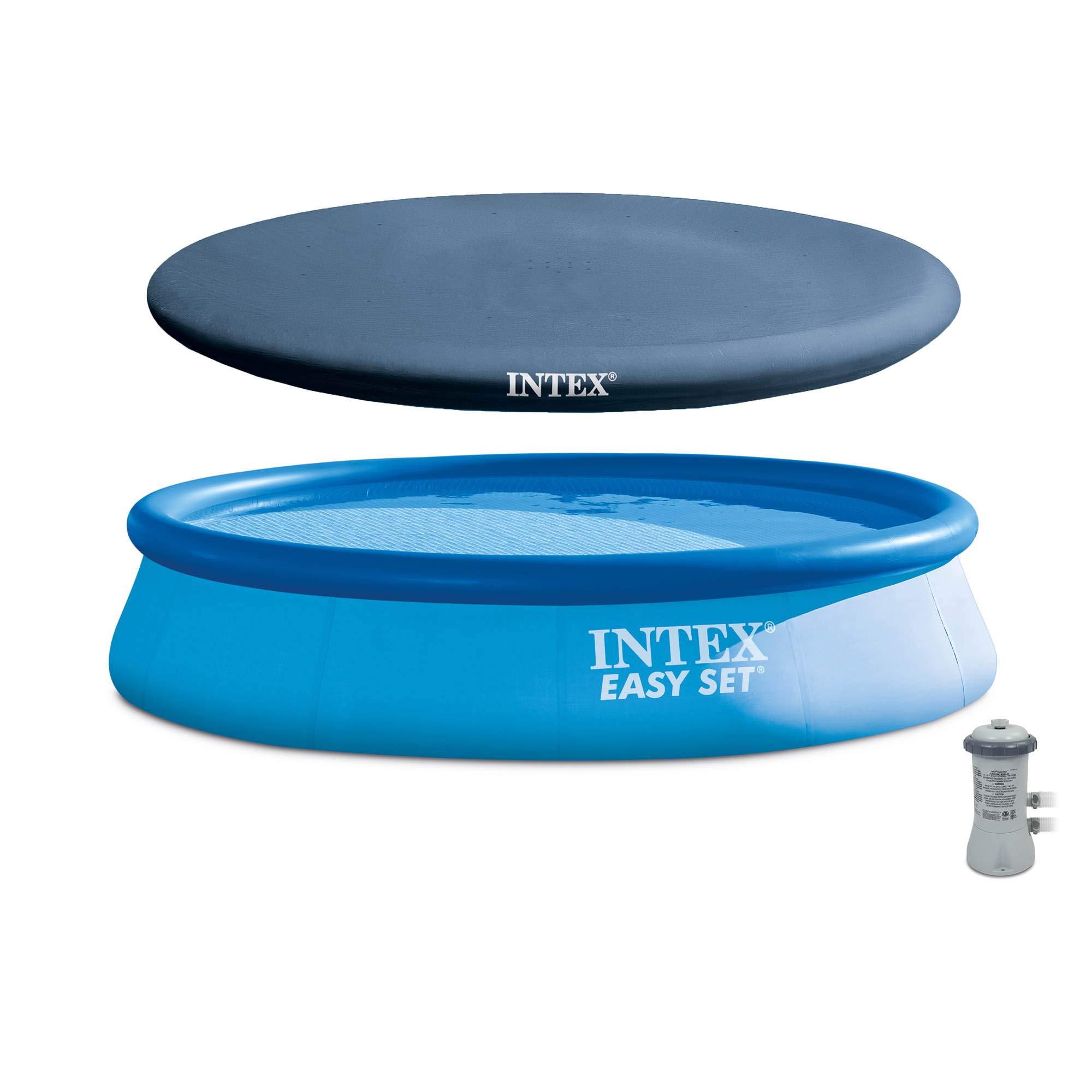 Intex 13 Ft x 32 in Easy Set Above Ground Inflatable Outdoor Swimming Pool Set with 530 GPH Krystal Clear Filter Pump & Vinyl Cover - Perfect for Backyard, Family Fun, Summer Cooling and Outdoor Parties (Blue)